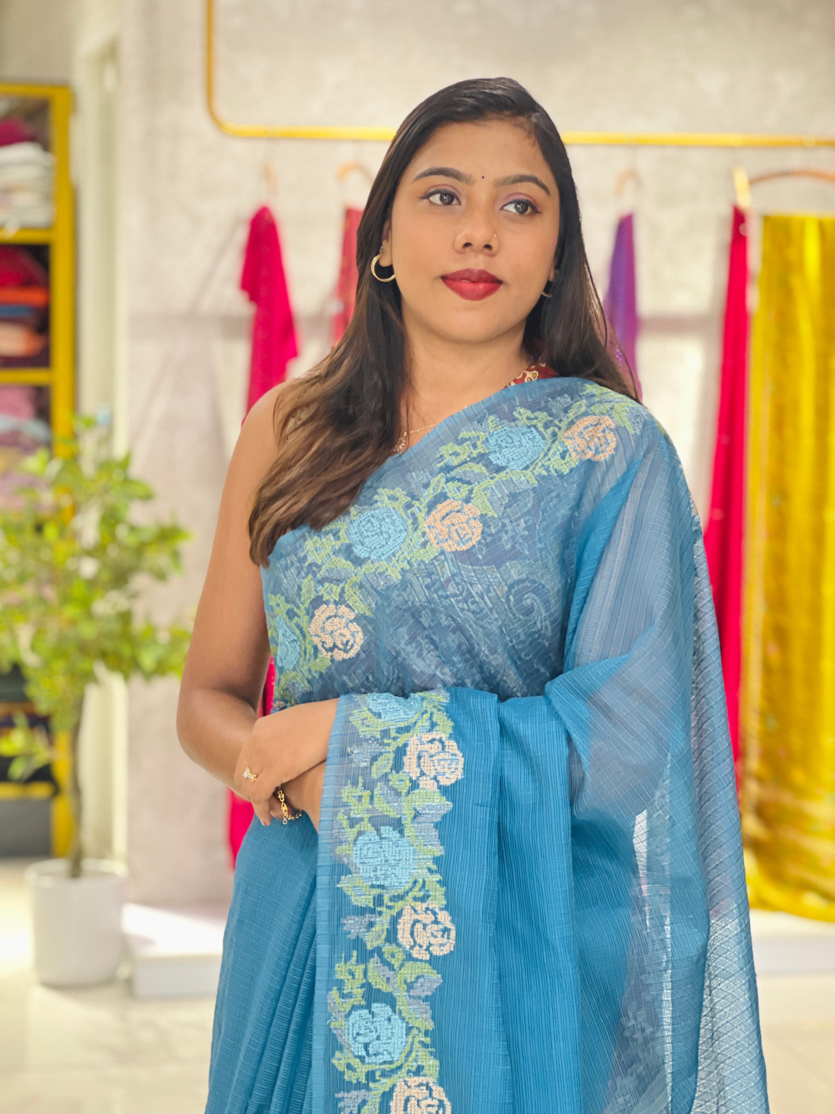 Cross Stitch Embroidery Silky Kota Saree | NHH602