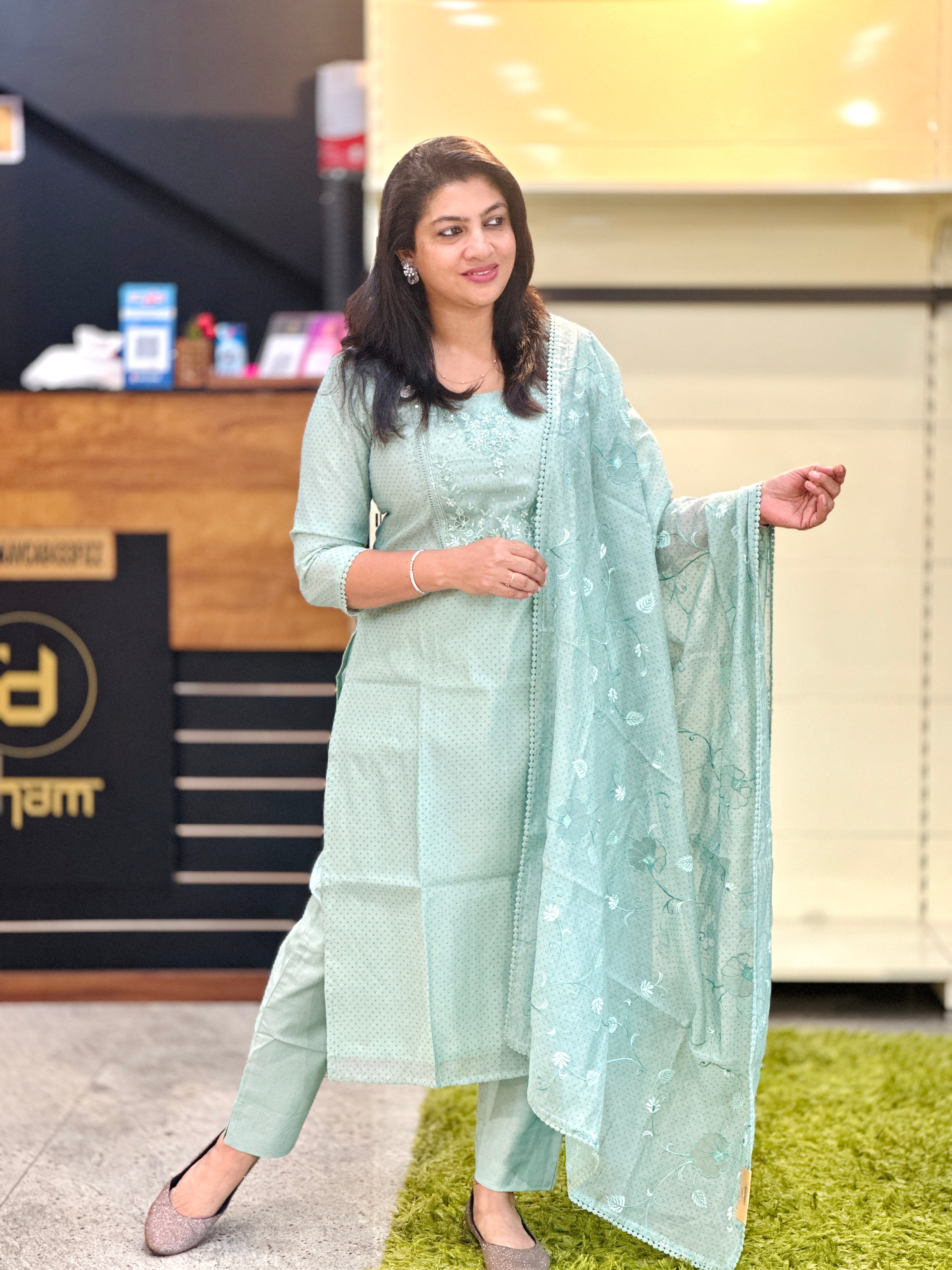 Machine Embroidery Detailed Pure Mul Chanderi Salwar Set | SRF134