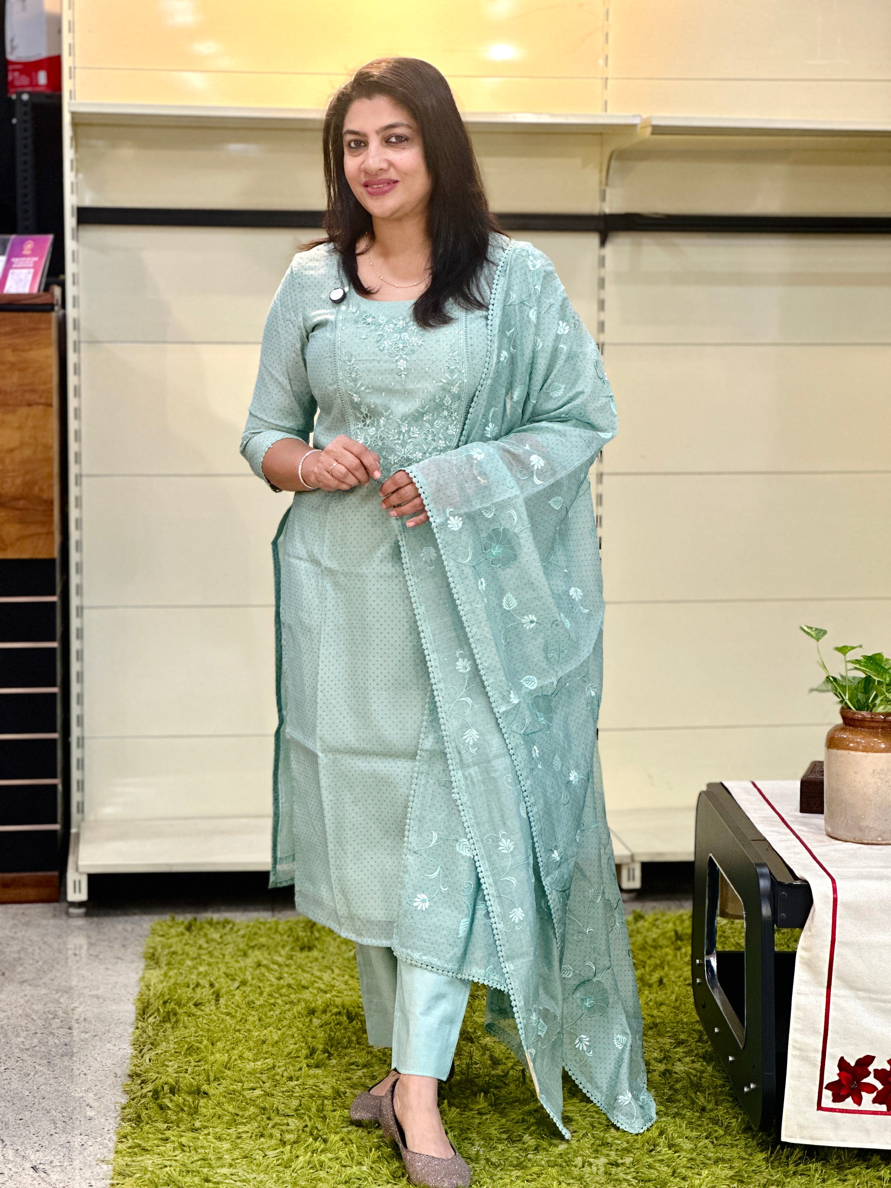 Machine Embroidery Detailed Pure Mul Chanderi Salwar Set | SRF134