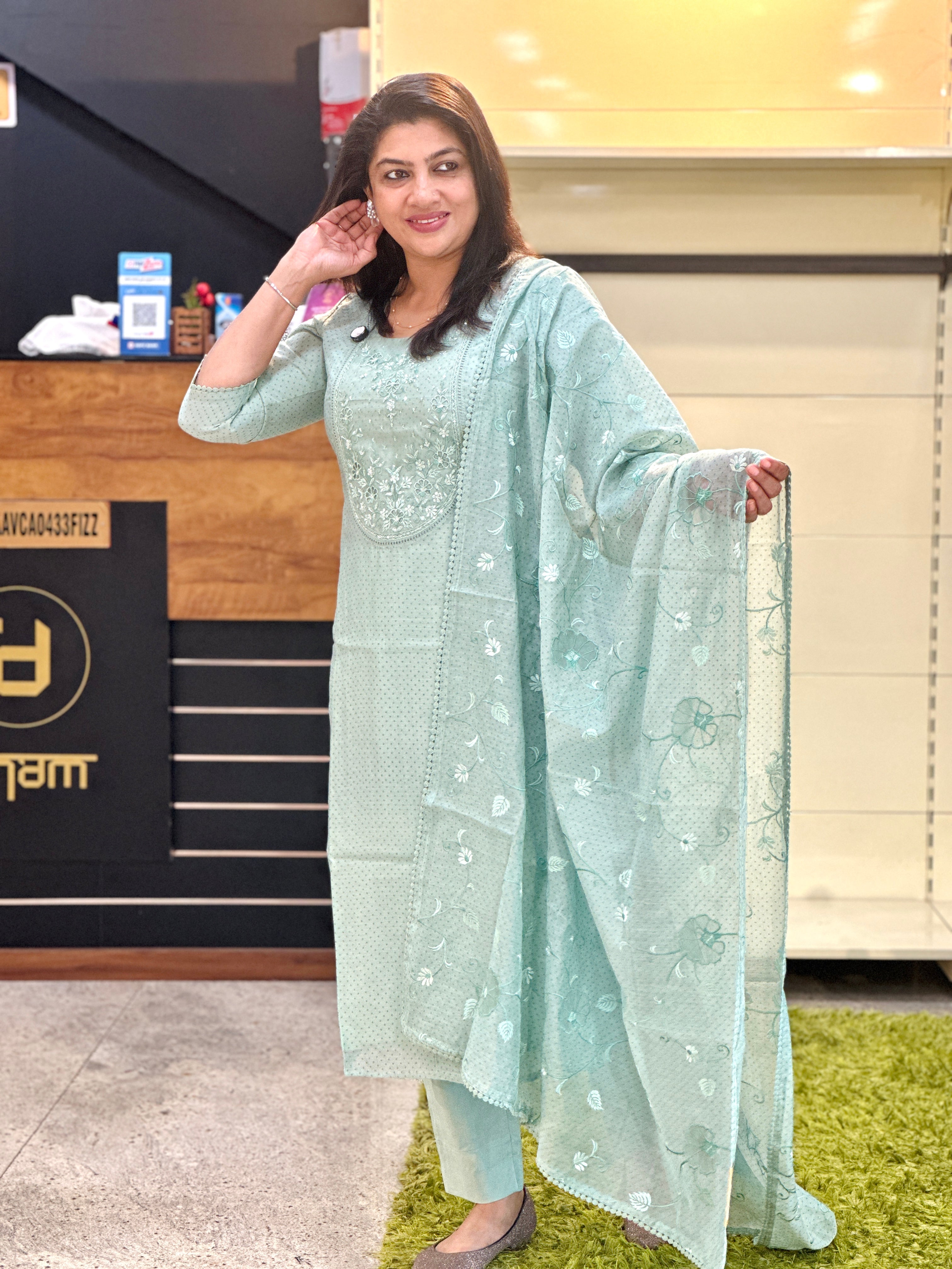 Machine Embroidery Detailed Pure Mul Chanderi Salwar Set | SRF134