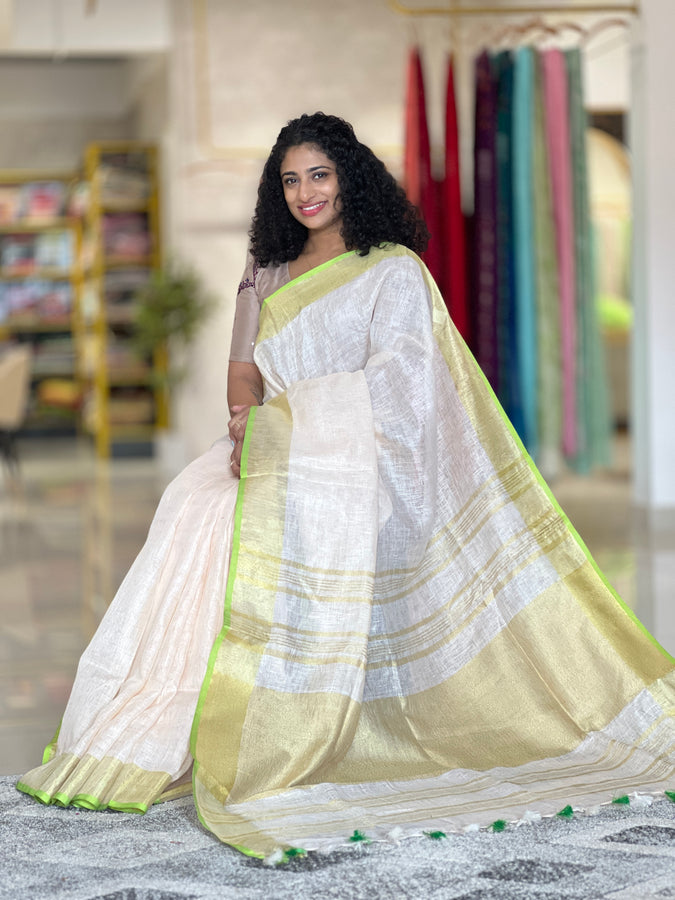 Golden Zari Border Linen Saree | SK330