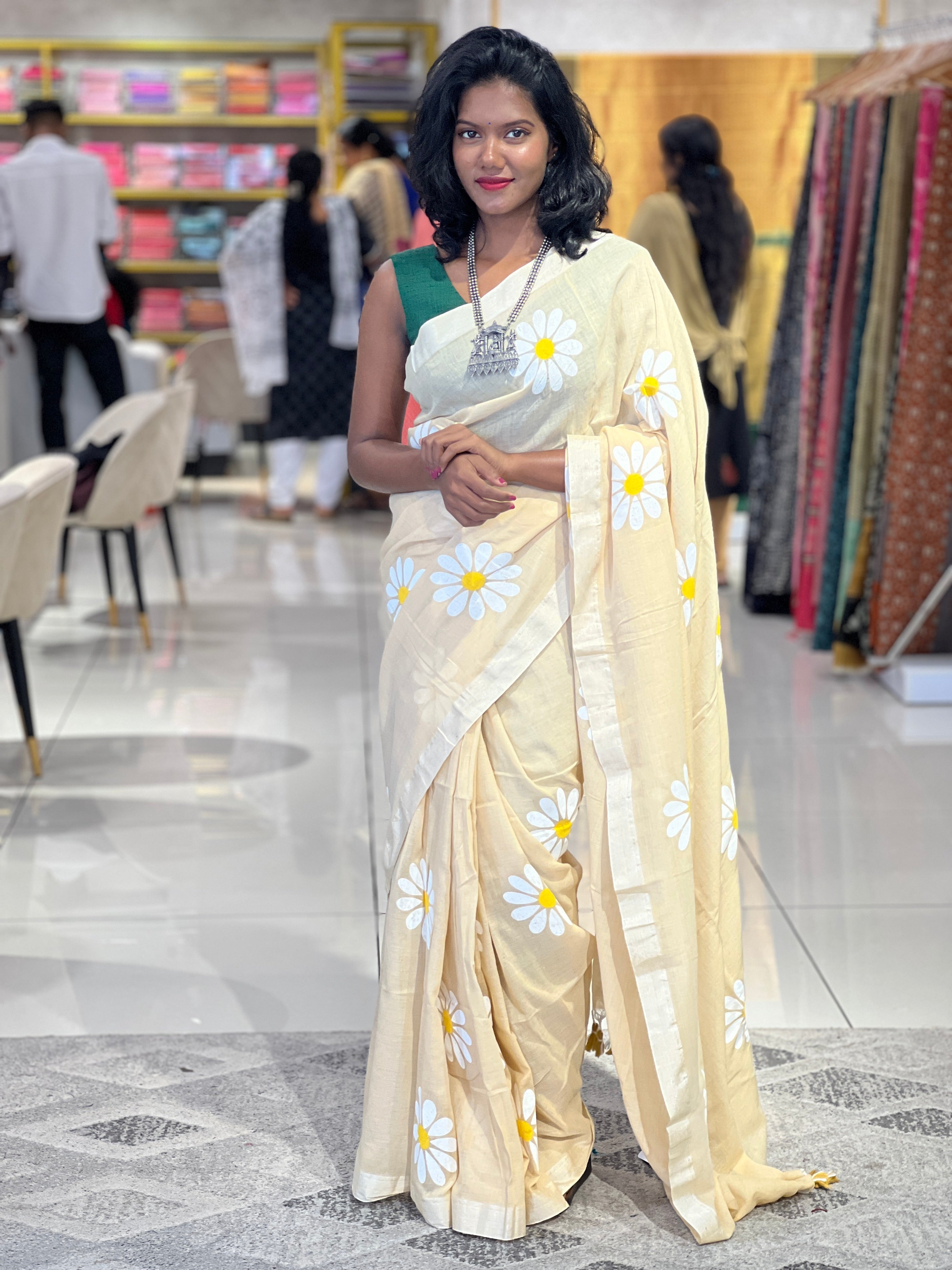 Hand Painted Folral Pattern Tant Cotton Saree |  AYD108