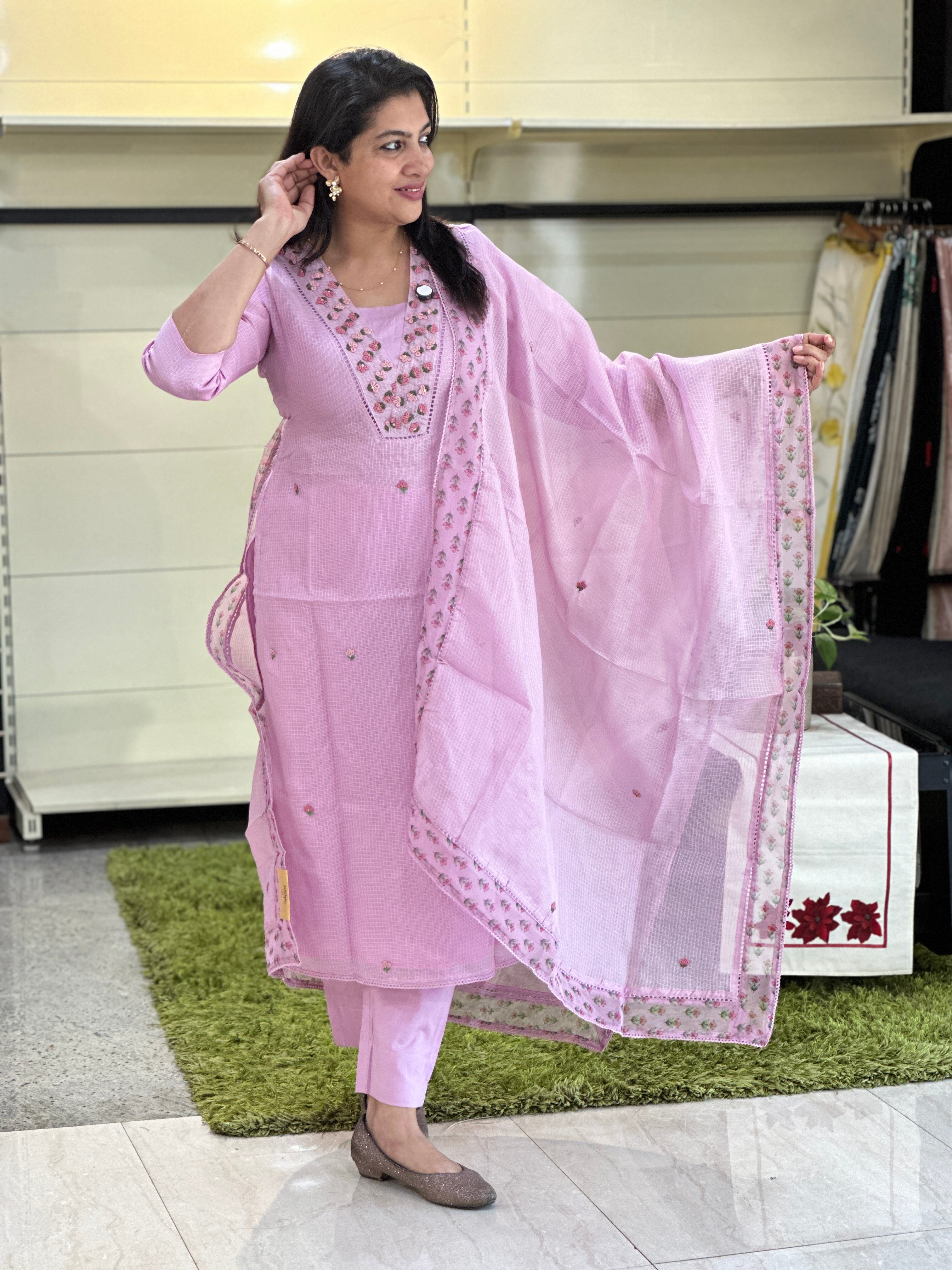 Hand Embroidery Detailed Silky Kota Salwar Set | SRF116