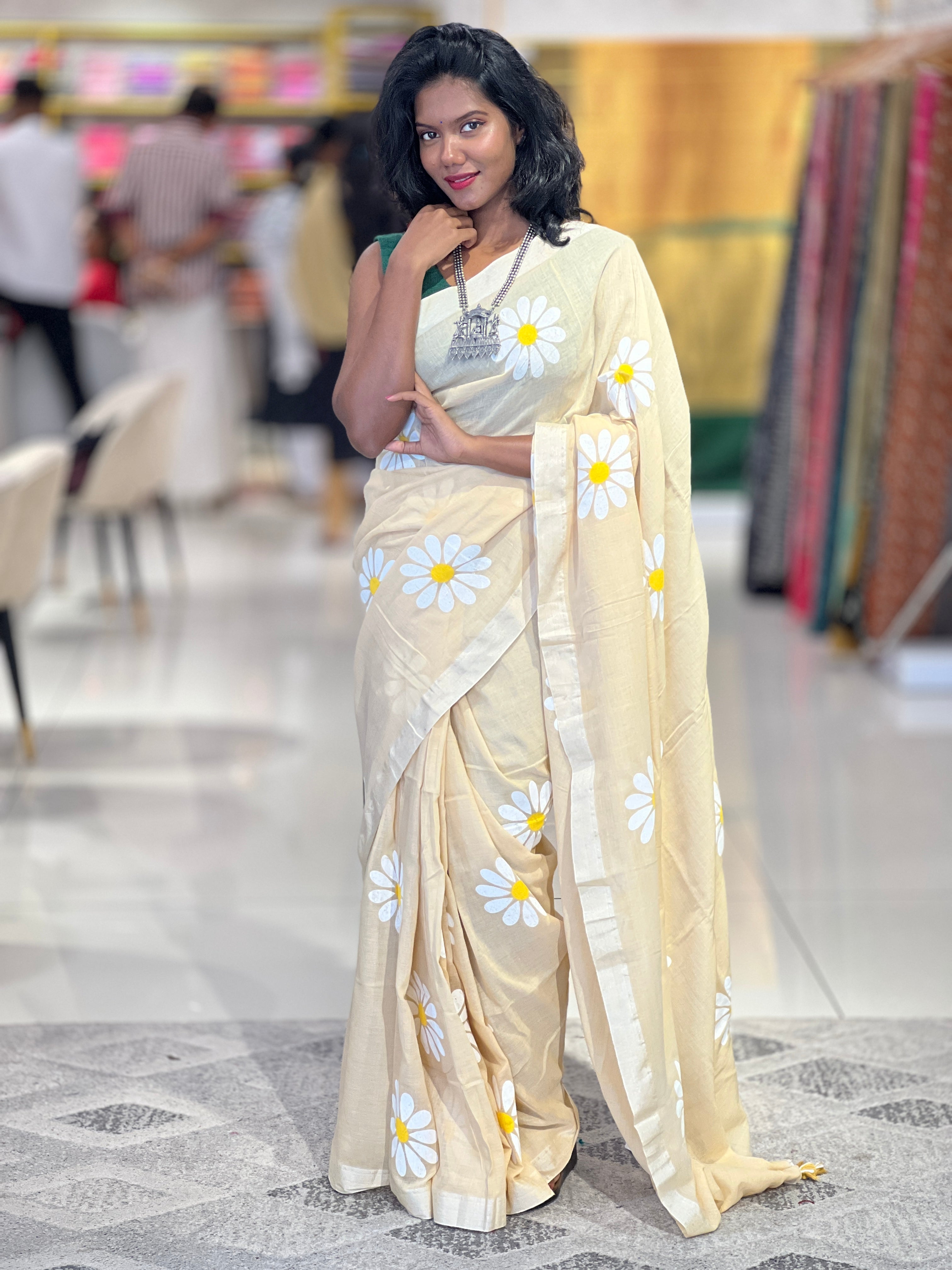 Hand Painted Folral Pattern Tant Cotton Saree |  AYD108