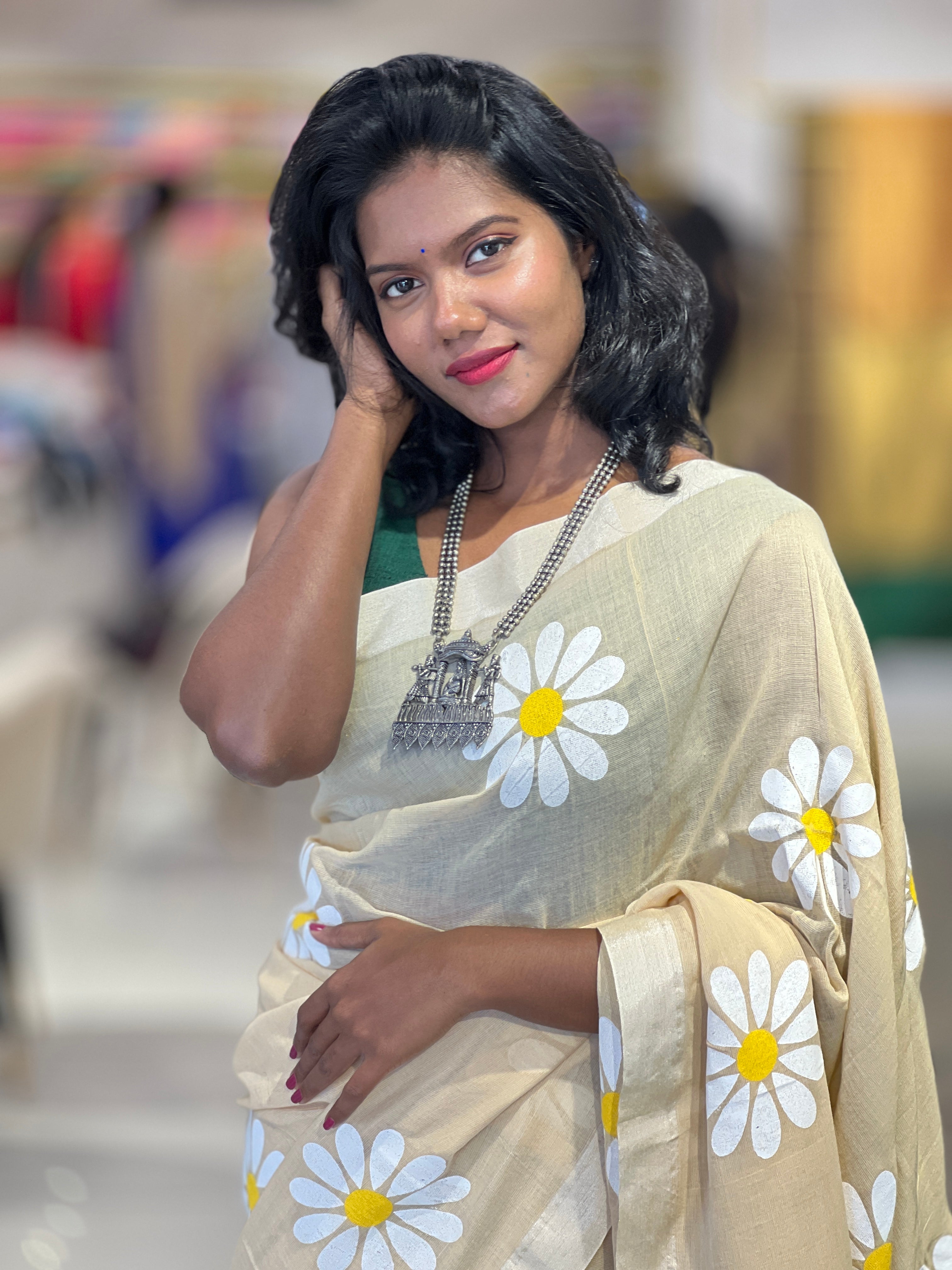 Hand Painted Folral Pattern Tant Cotton Saree |  AYD108