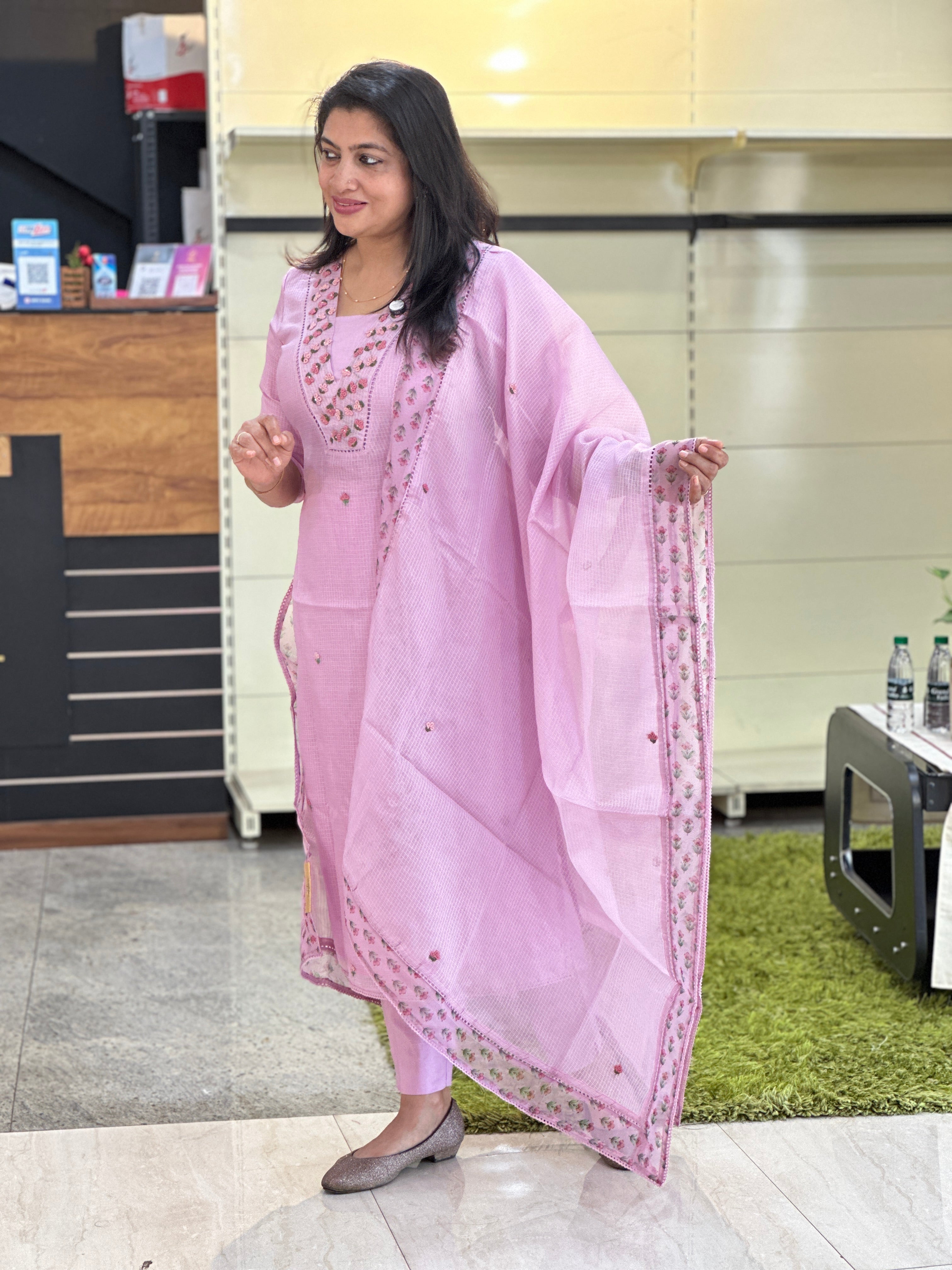 Hand Embroidery Detailed Silky Kota Salwar Set | SRF116