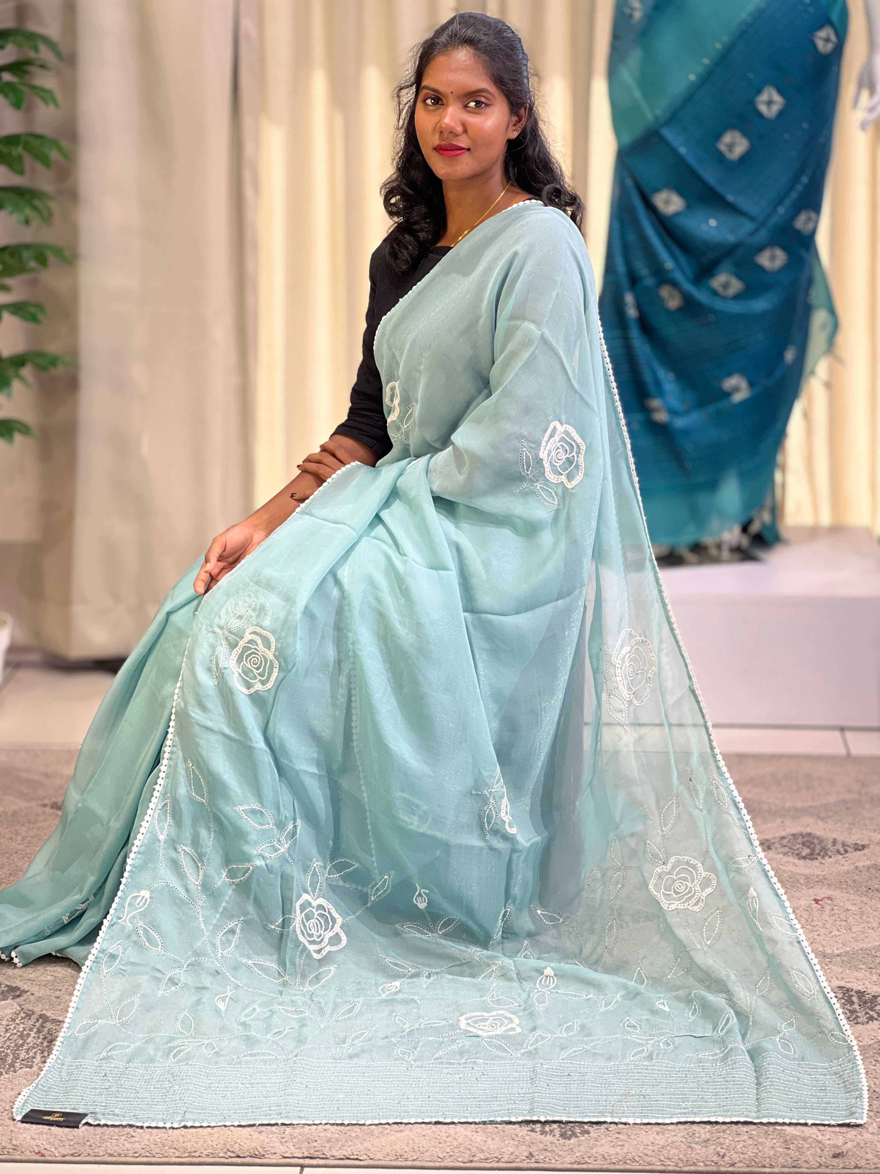 Floral Hand Embroidered Shimmer Georgette Saree | BLD1258