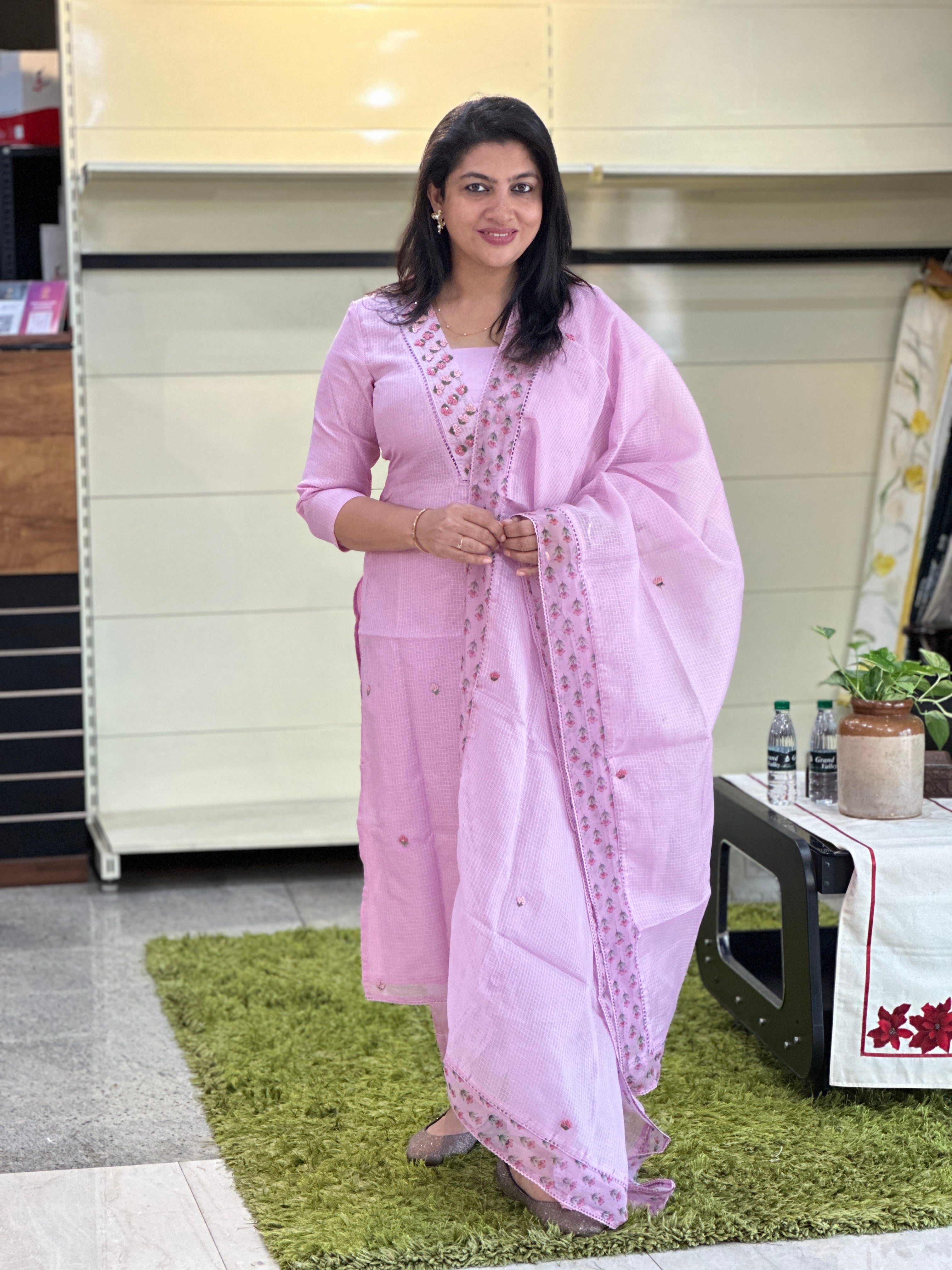 Hand Embroidery Detailed Silky Kota Salwar Set | SRF116