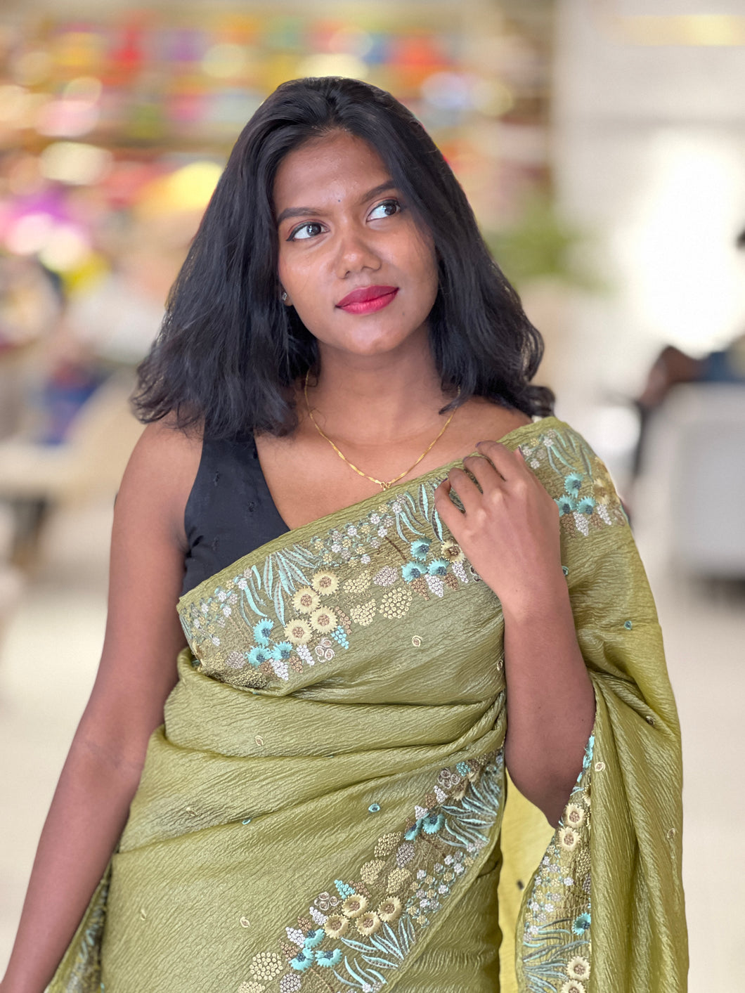 Machine Embroidered Crushed Organza Saree | SUN559