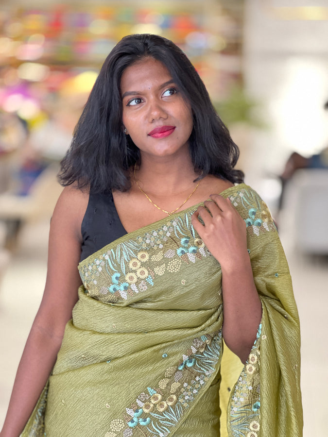Machine Embroidered Crushed Organza Saree | SUN559