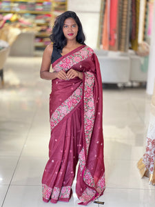 Multi-Color Floral Embroidered Crushed Viscose Saree | SUN264