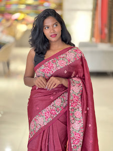 Multi-Color Floral Embroidered Crushed Viscose Saree | SUN264