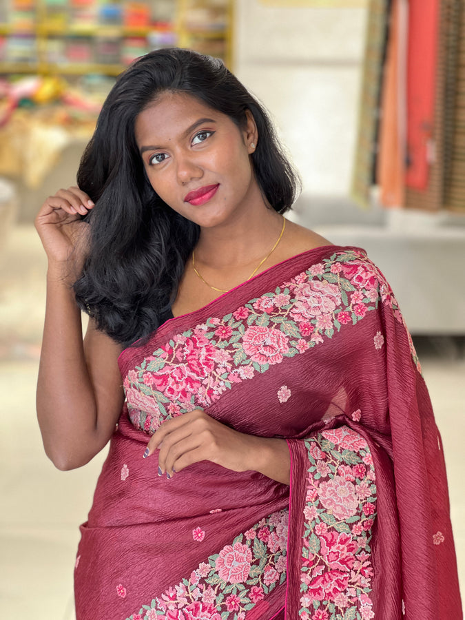 Multi-Color Floral Embroidered Crushed Viscose Saree | SUN264