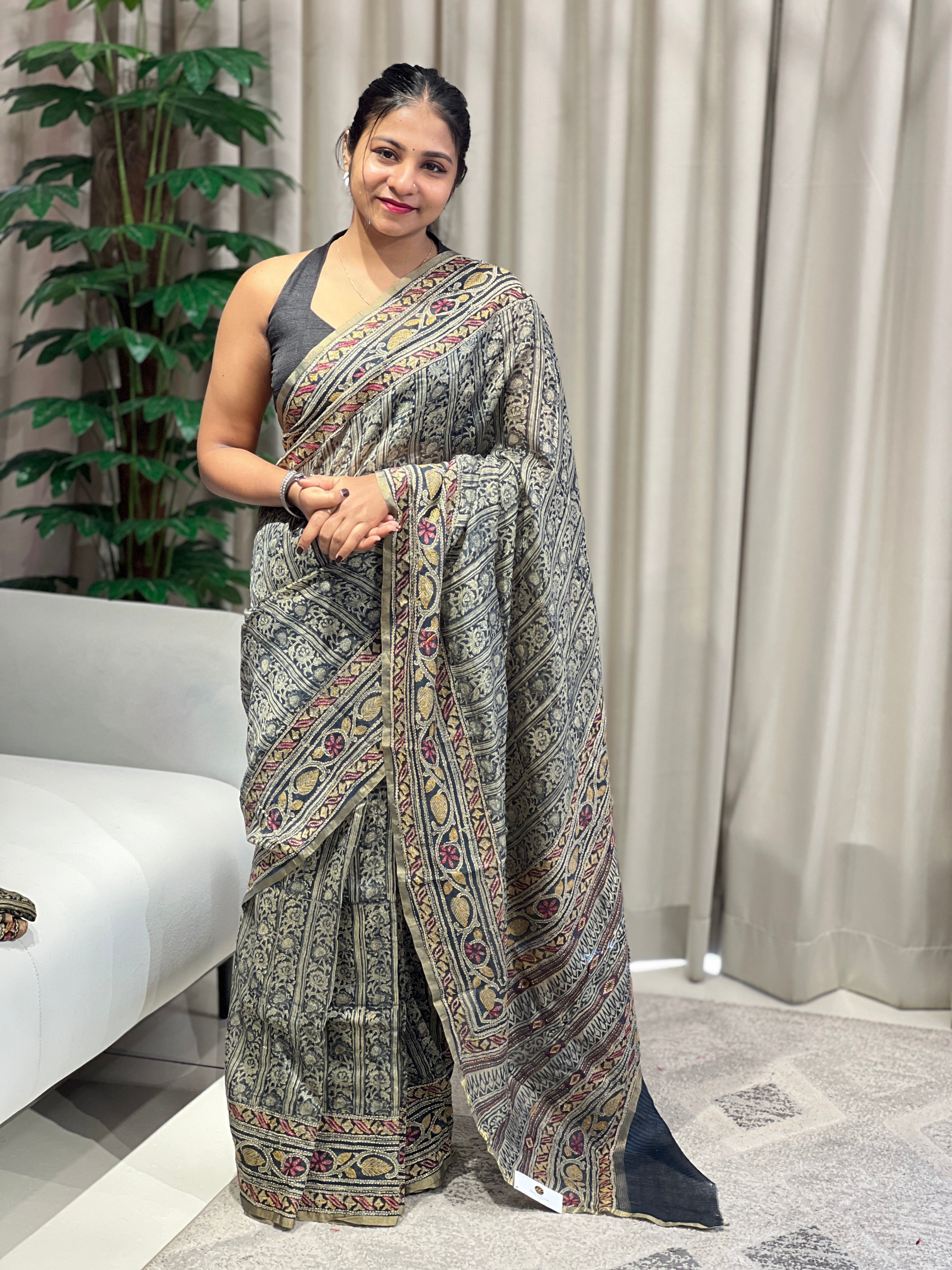 Hand Block Print With kantha Highlighted Pure Chanderi Saree | RGD783