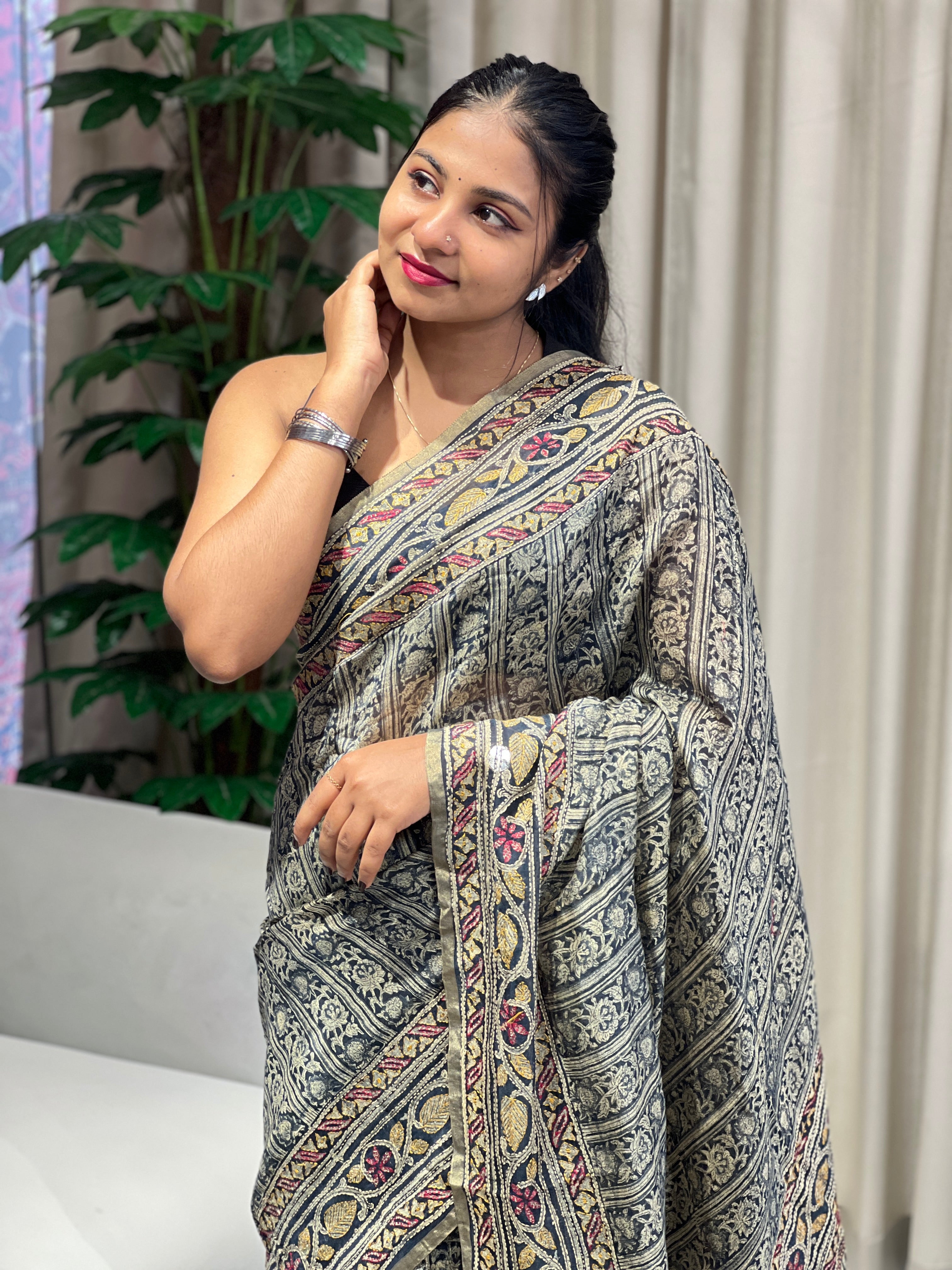 Hand Block Print With kantha Highlighted Pure Chanderi Saree | RGD783