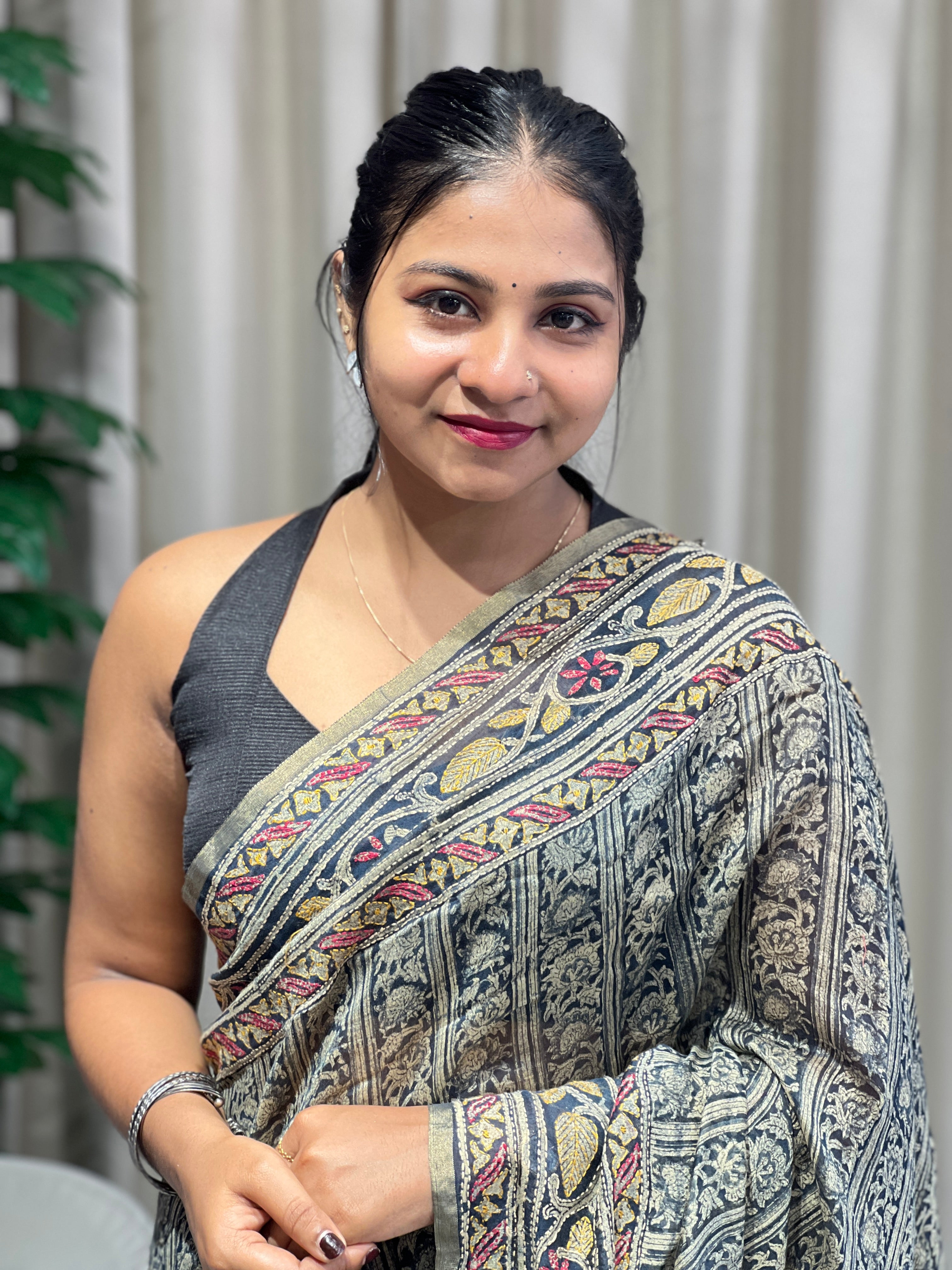 Hand Block Print With kantha Highlighted Pure Chanderi Saree | RGD783