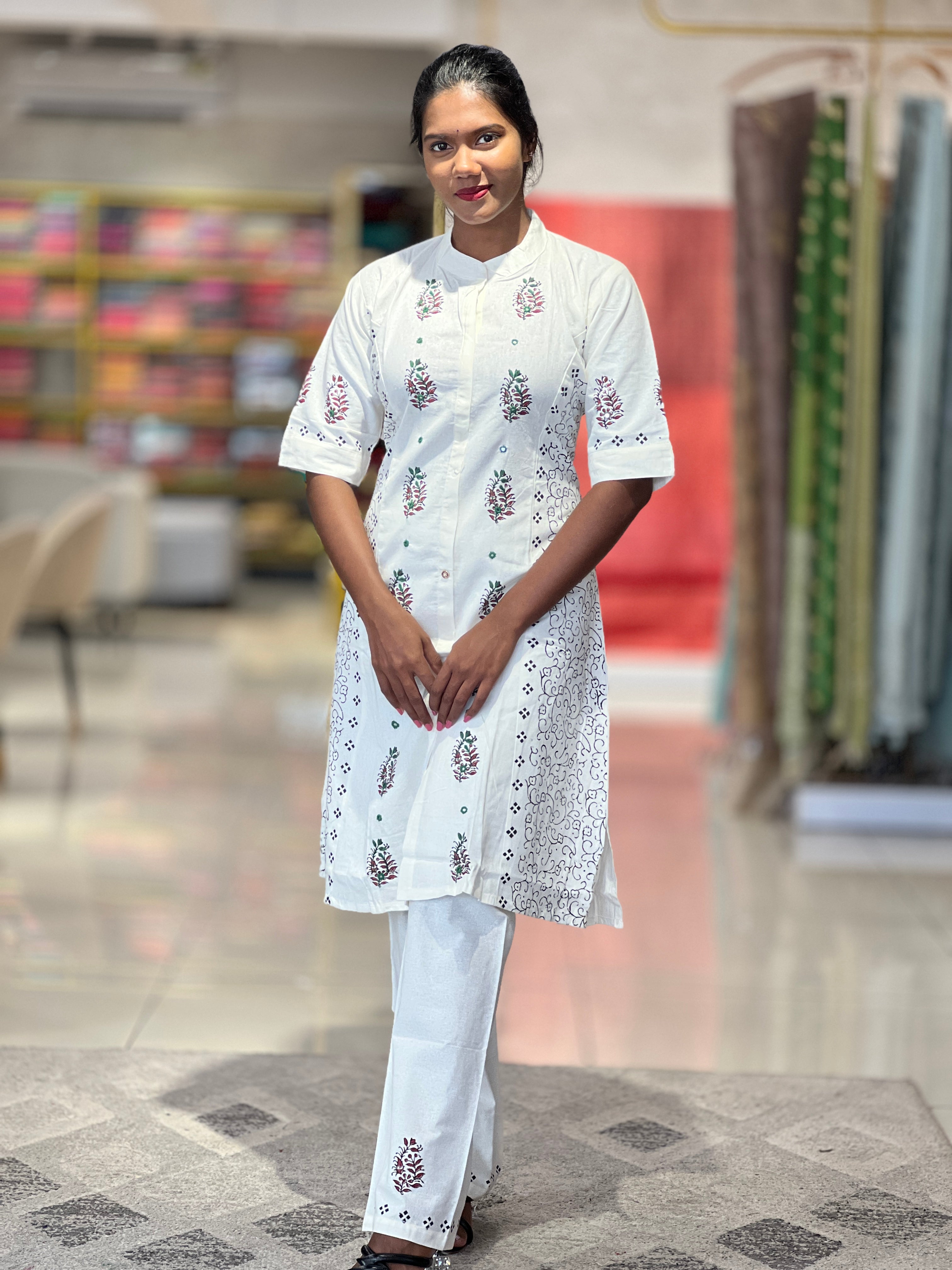 Print With Embroidery Highlighted Cotton Kurta Top & Bottom | MRC102