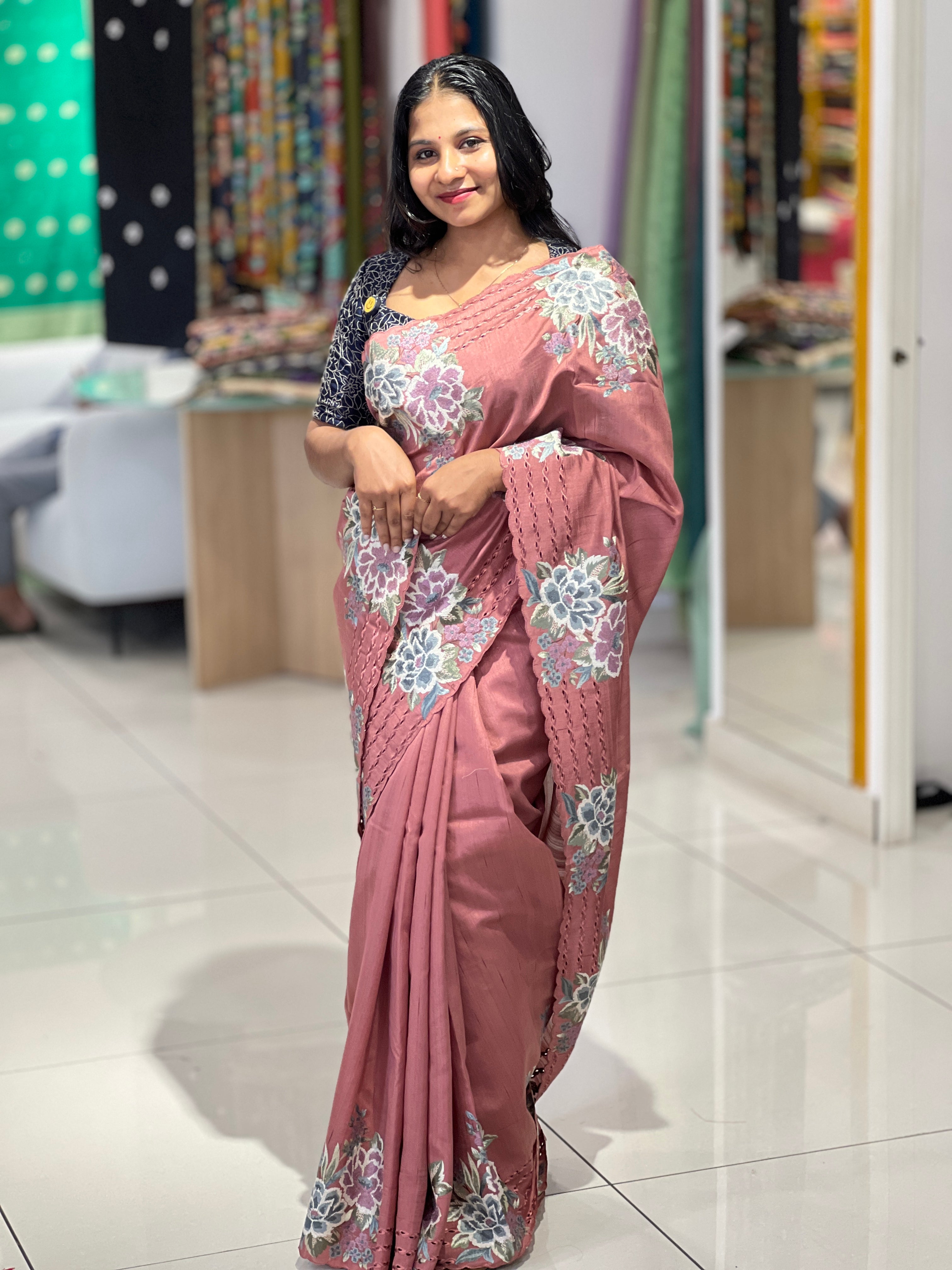 Floral Embroidery With Cut Work Detailed Tussar Finish Saree | SUN356