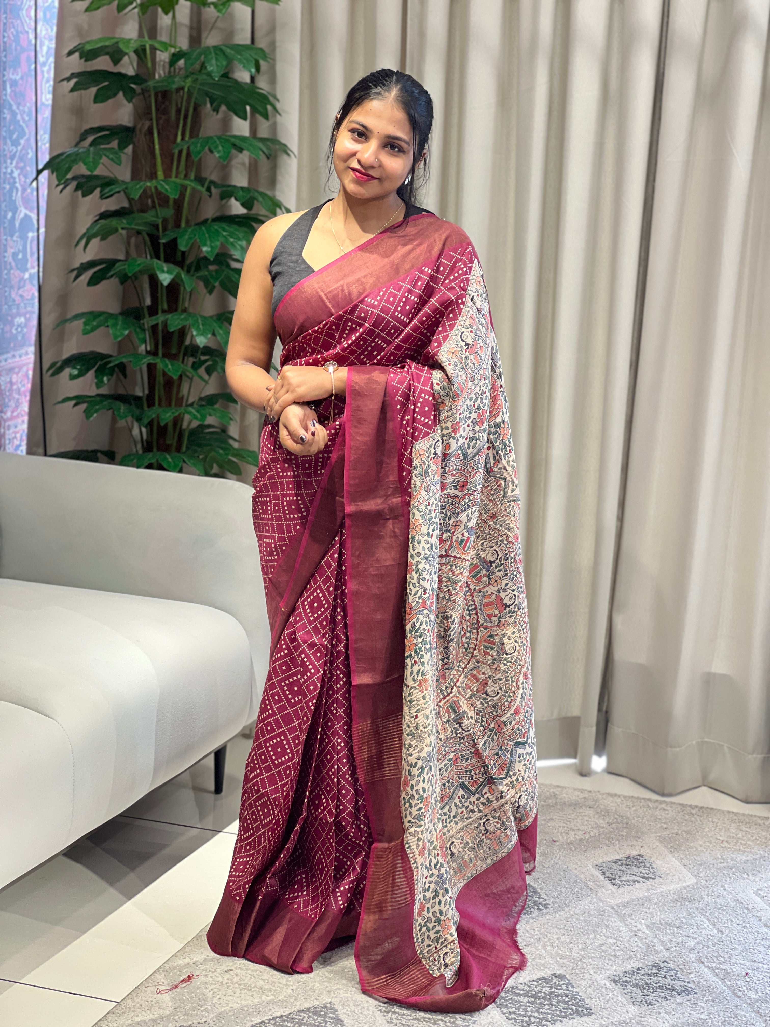 Discharge and Madhubani Printed Pure Tussar Saree | RGD773