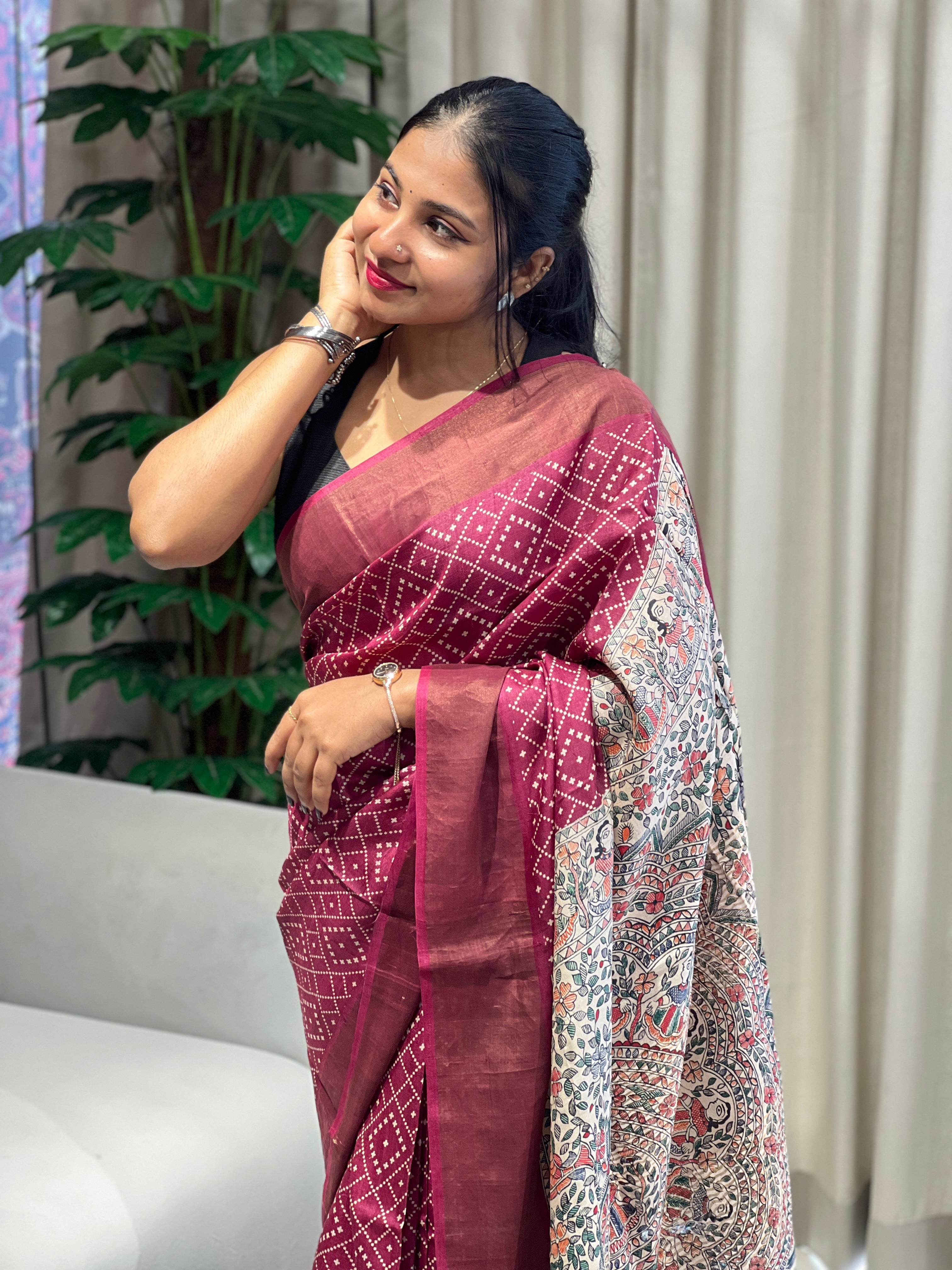 Discharge and Madhubani Printed Pure Tussar Saree | RGD773