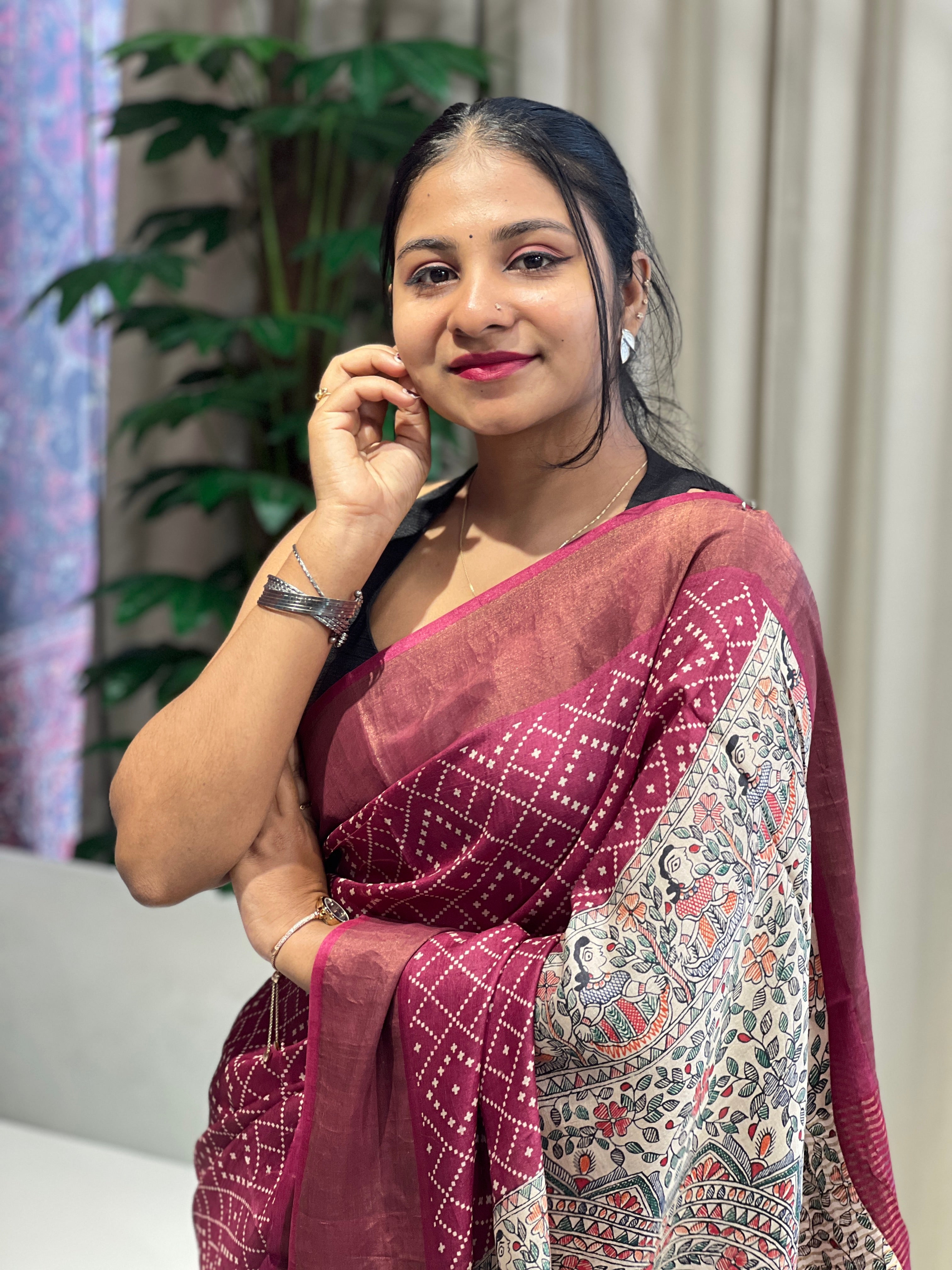 Discharge and Madhubani Printed Pure Tussar Saree | RGD773