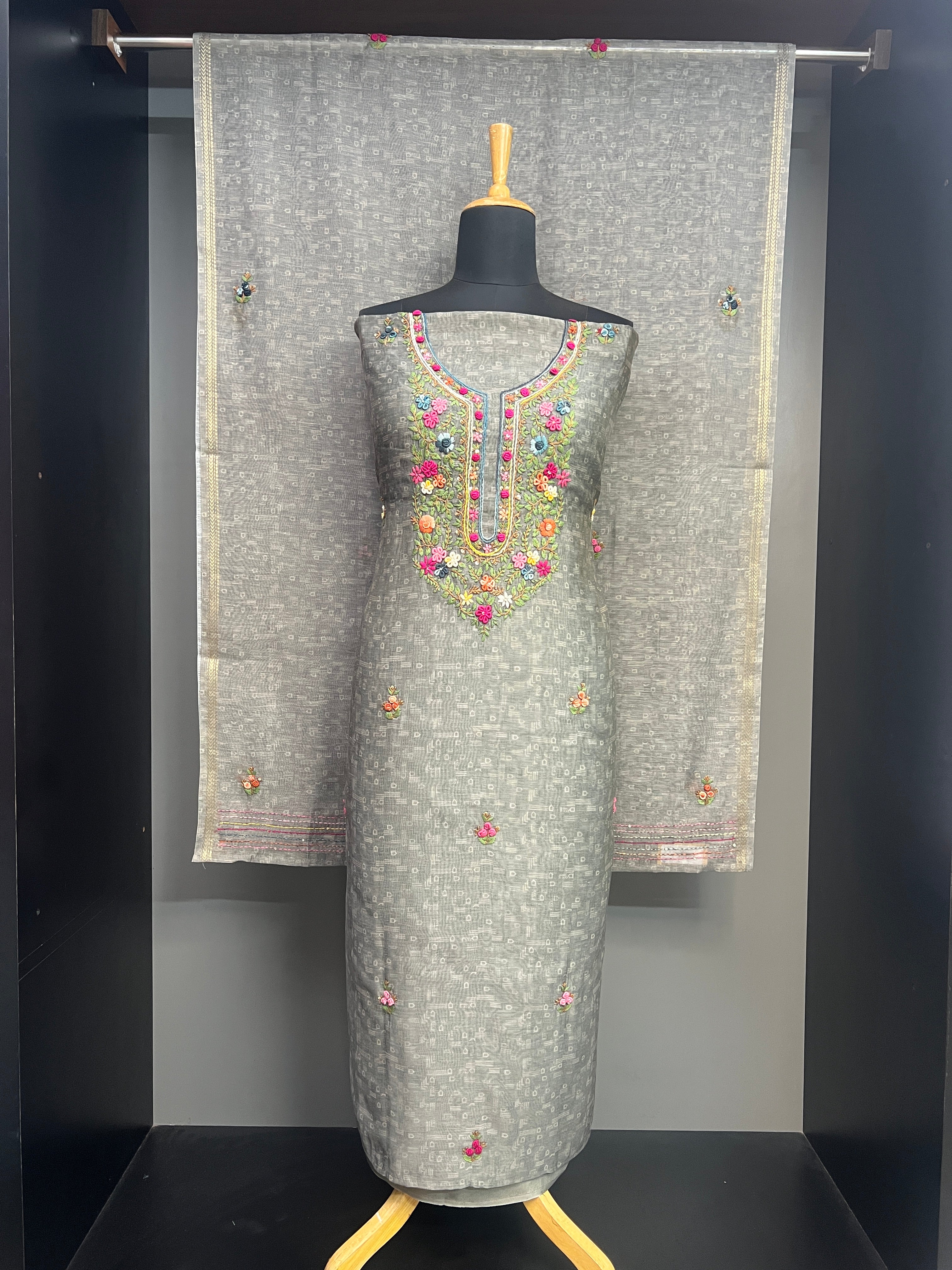 Multicolour Hand Embroidery Detailed Chanderi Salwar Set | JVR133