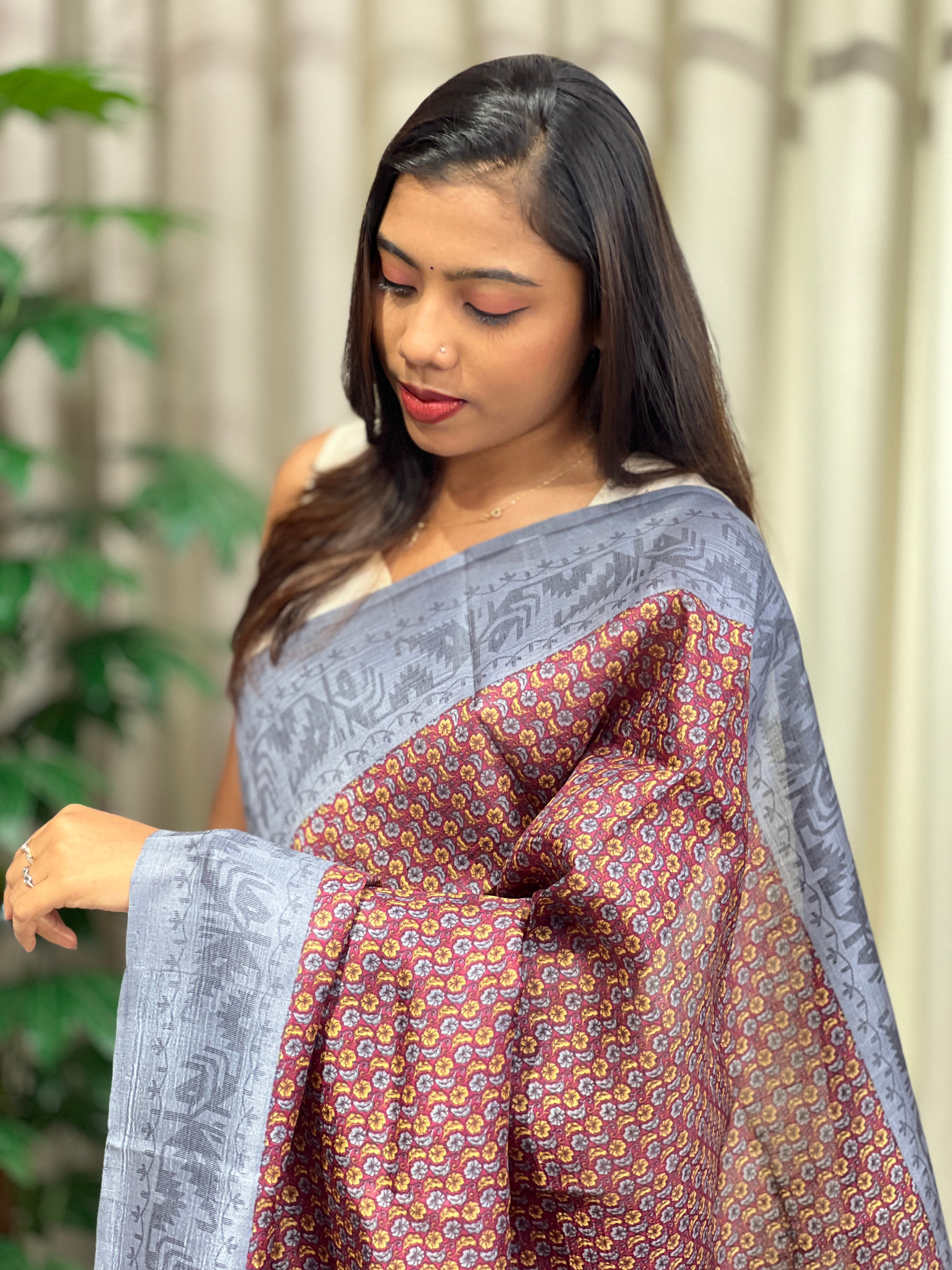 Floral Print Detailed Tussar Saree | NLM248