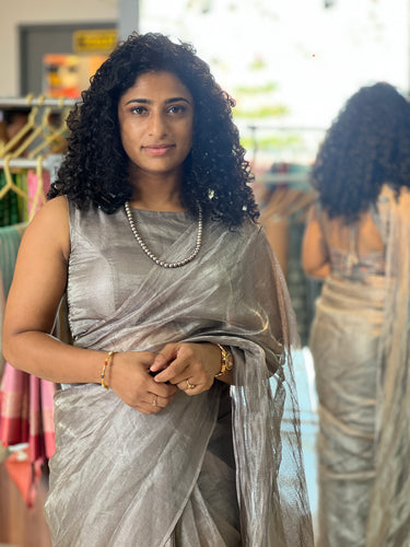 Silver Zari Weaved Tussar Tissue Saree | HS1133