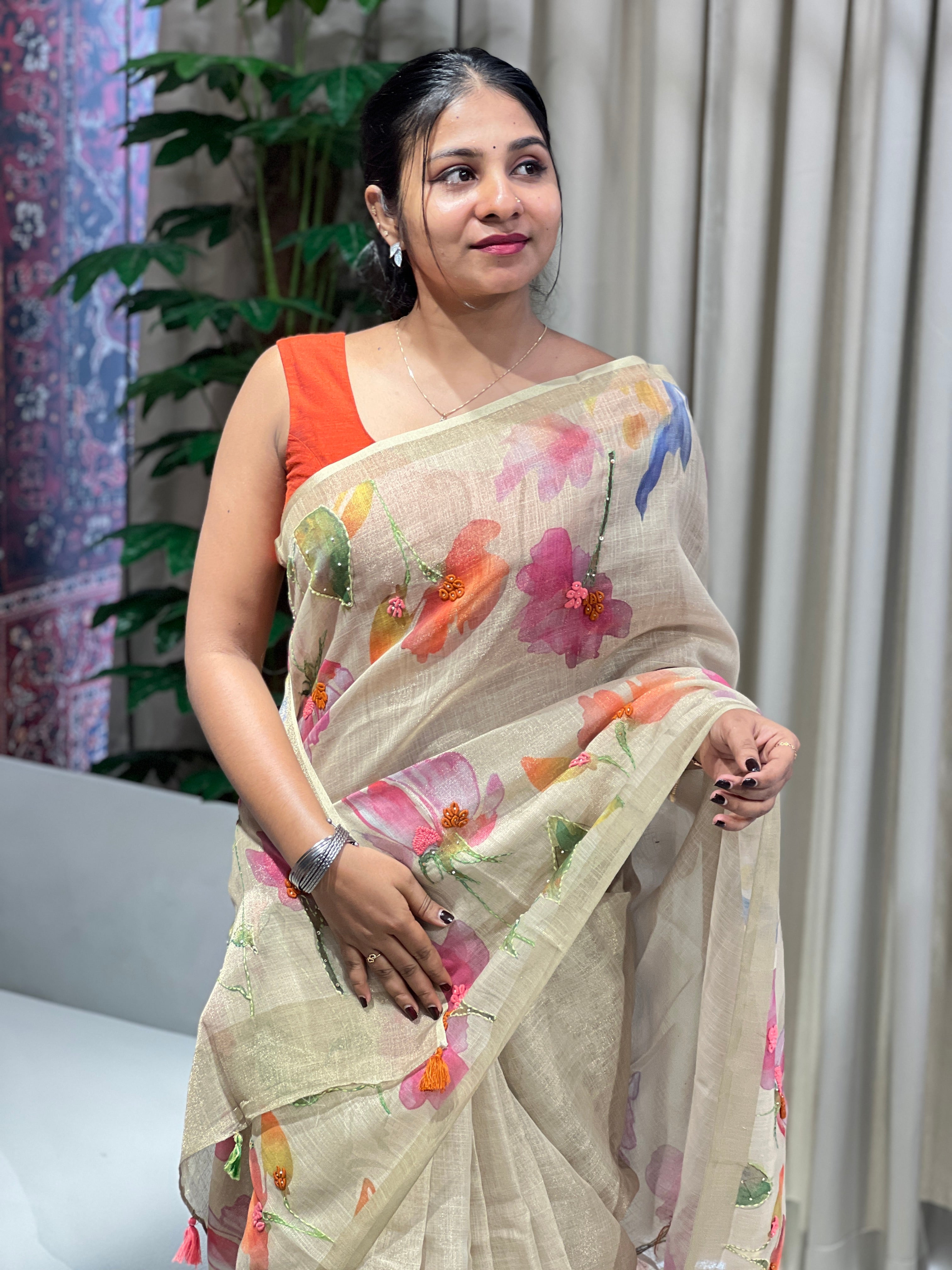 Floral Digital Printed Tissue Linen Saree | BLD1895