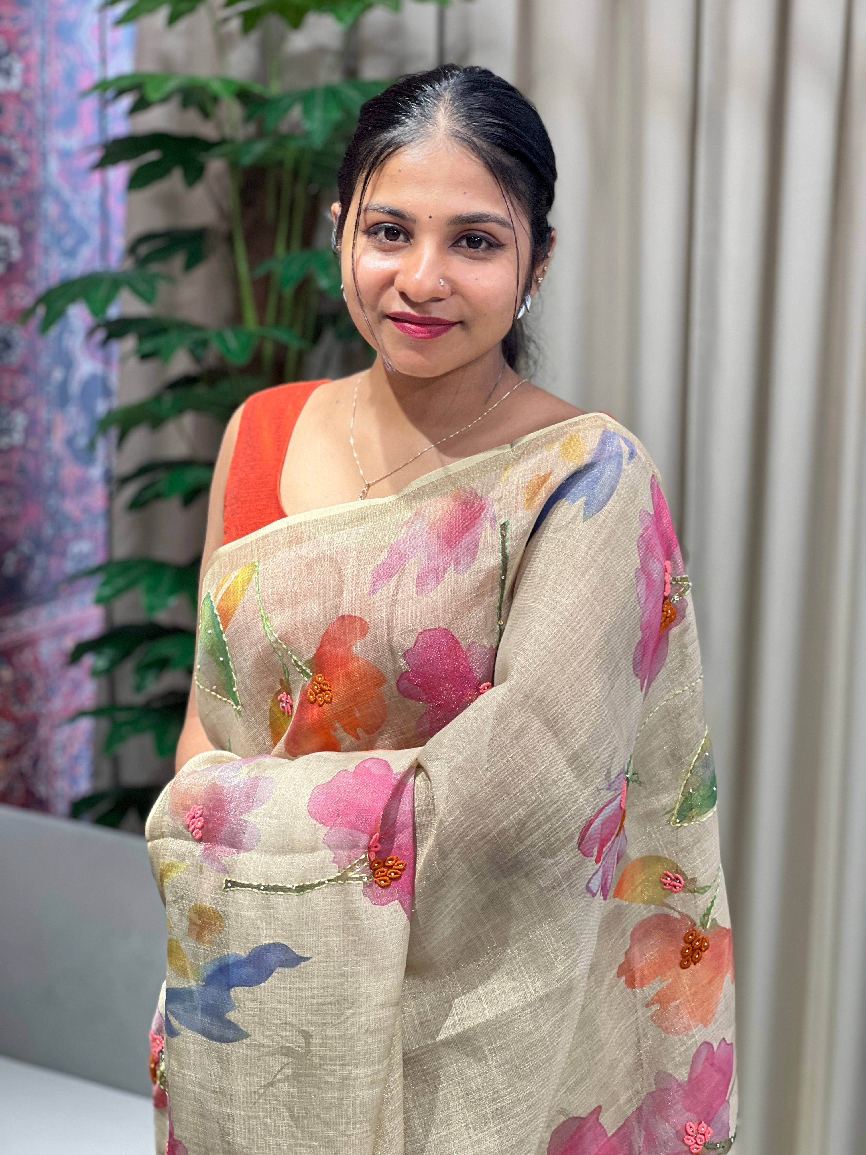 Floral Digital Printed Tissue Linen Saree | BLD1895