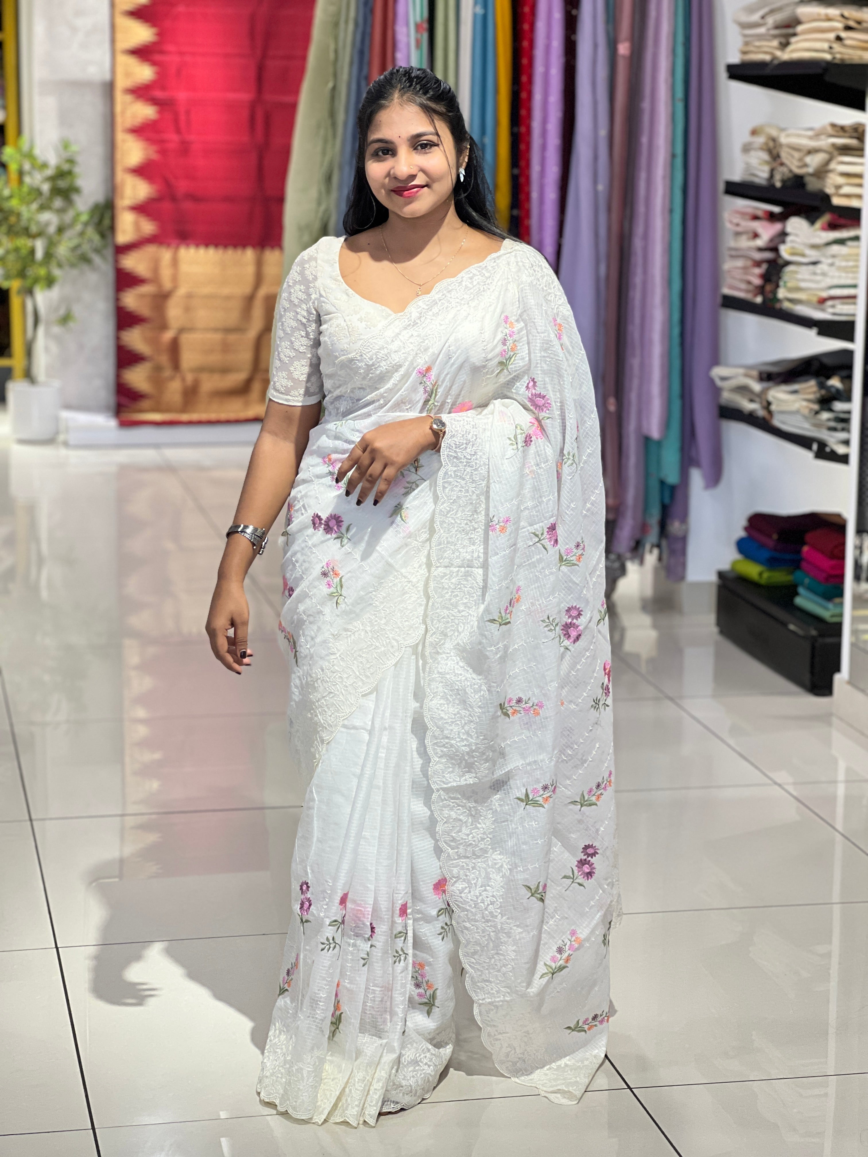 Lucknowi With Floral Embroidery Detailed Kota Saree | BLD1884