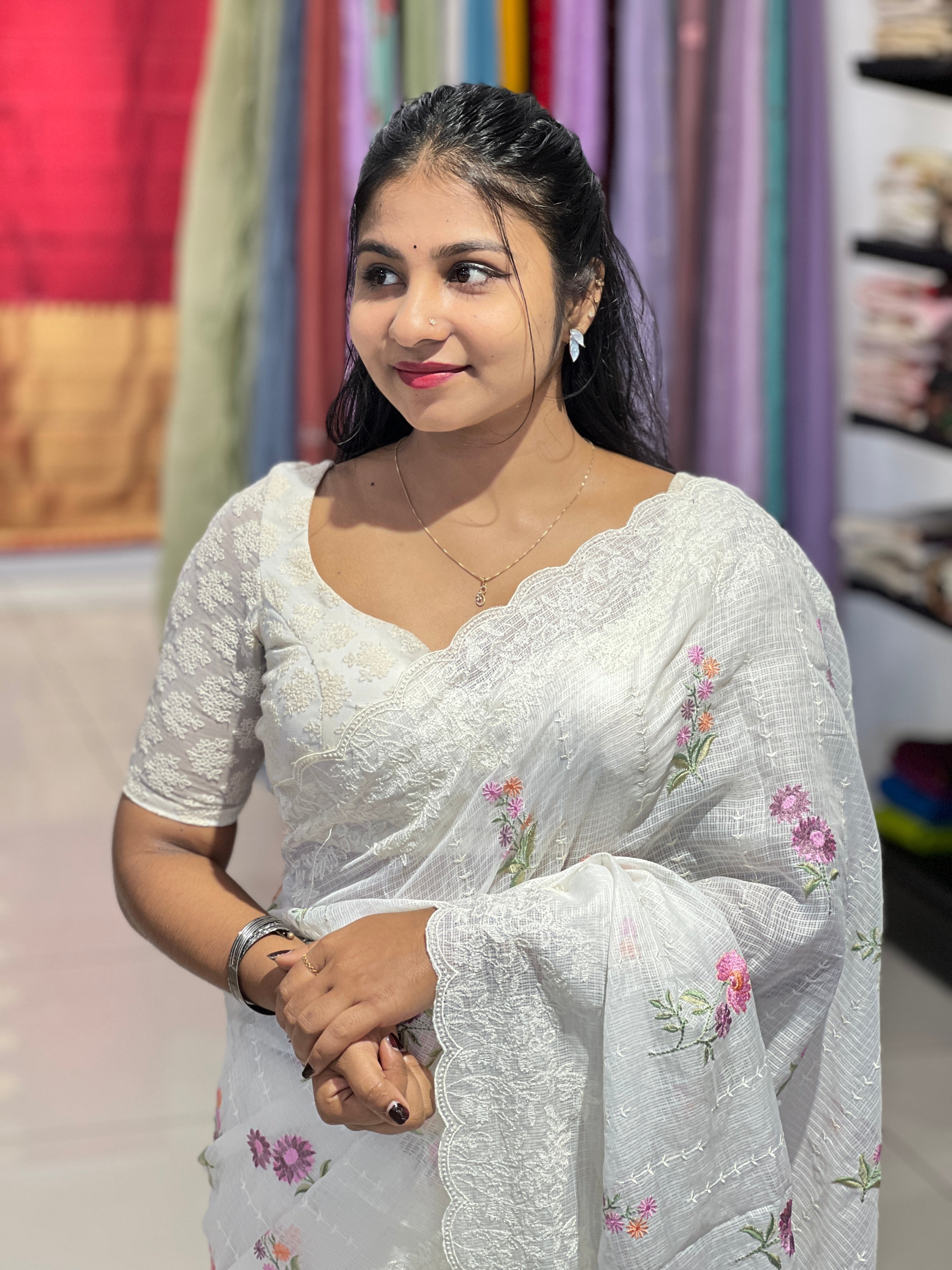 Lucknowi With Floral Embroidery Detailed Kota Saree | BLD1884