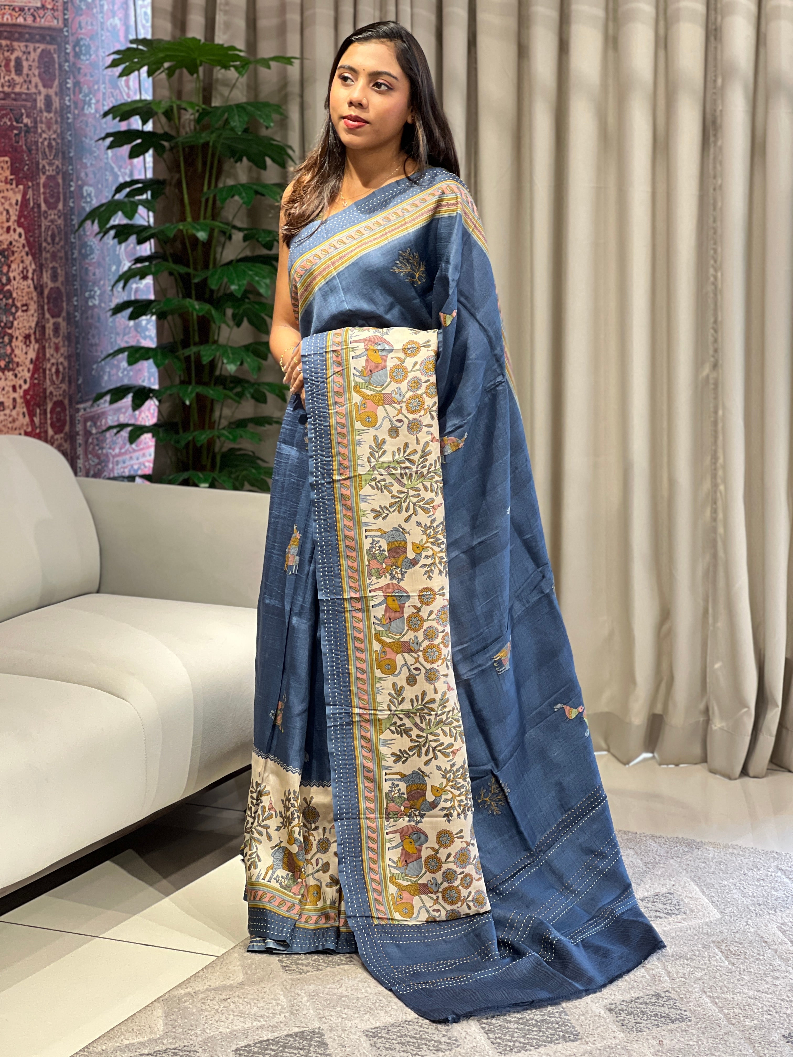 Kantha & Madhubani Detailed Pure Tussar Saree | RGD761