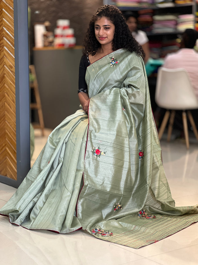 Hand Embroidered Semi Tussar Saree | BLD241