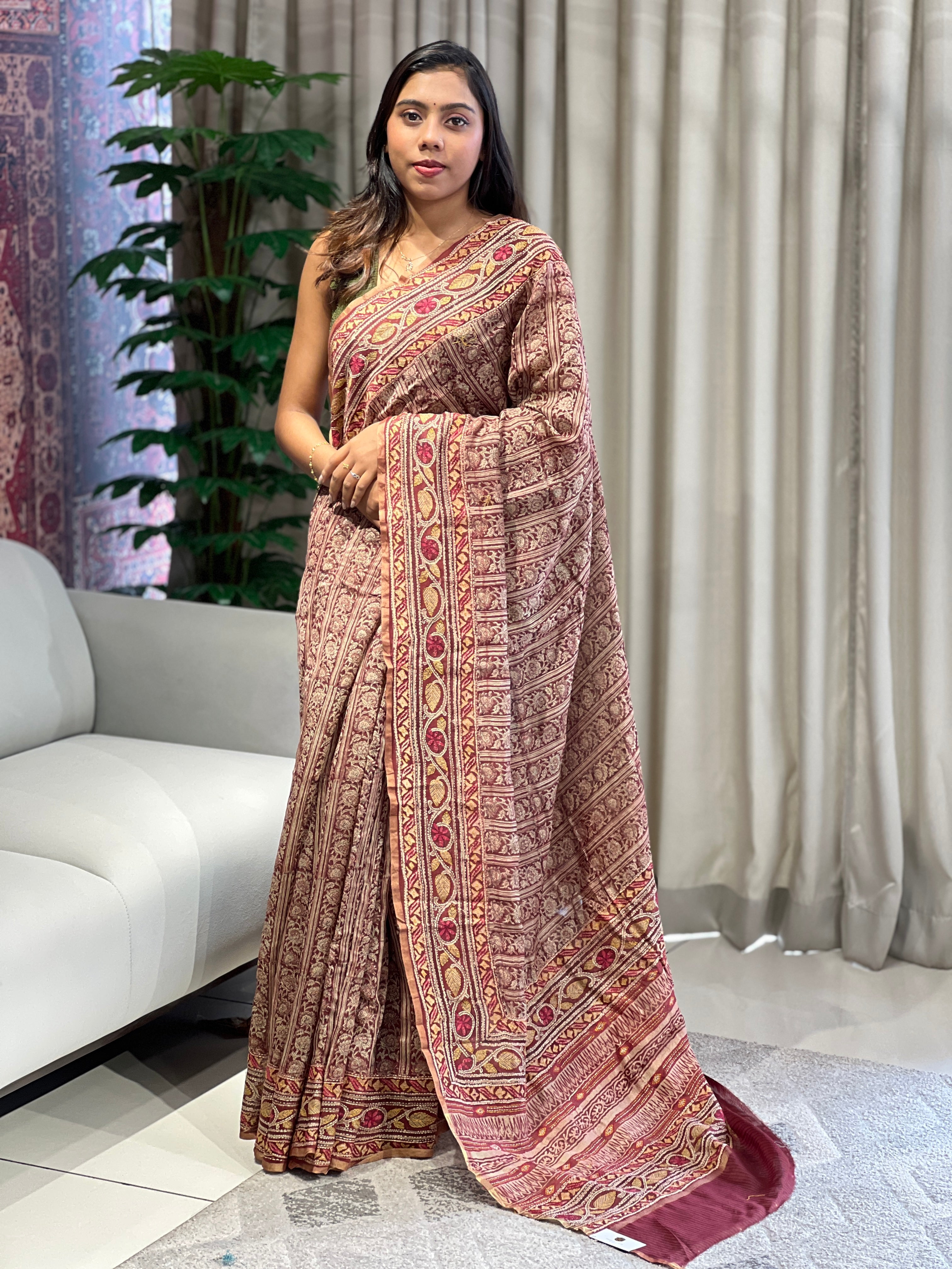 Hand Block Print With kantha Highlighted Pure Chanderi Saree | RGD782