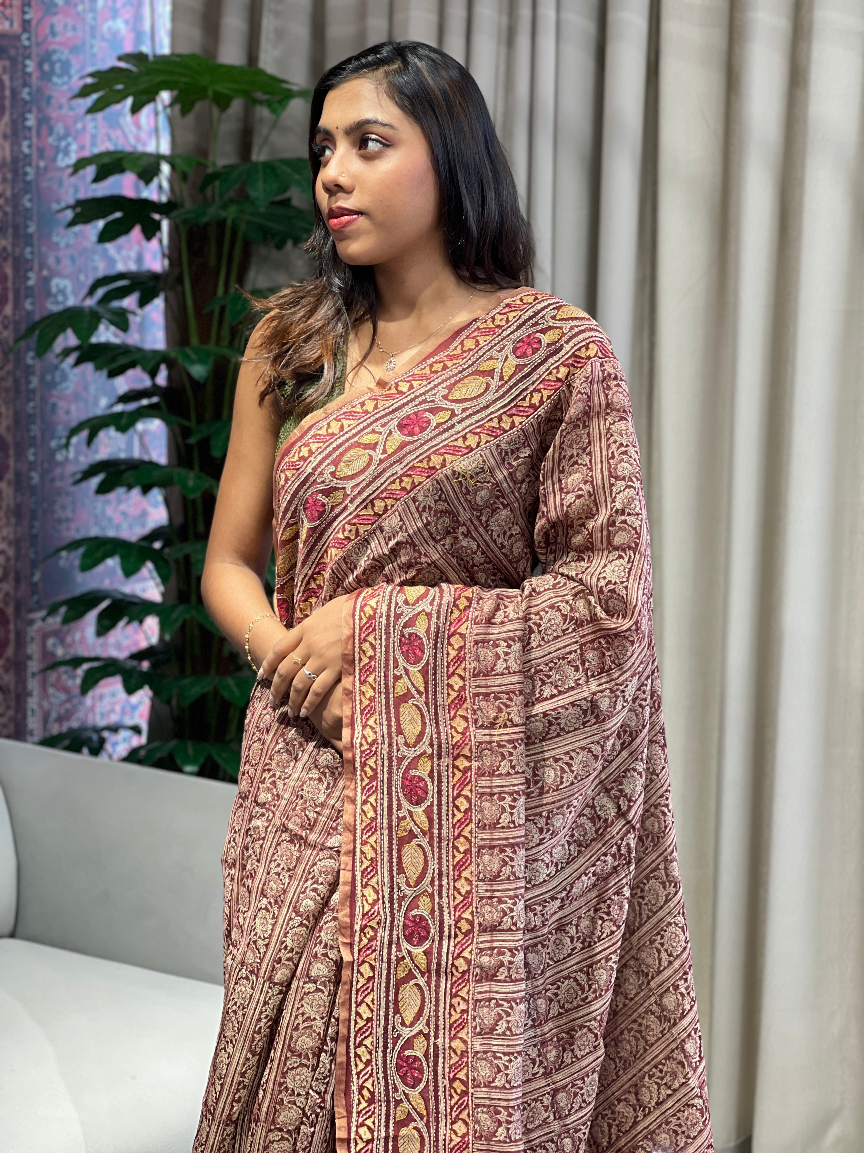 Hand Block Print With kantha Highlighted Pure Chanderi Saree | RGD782