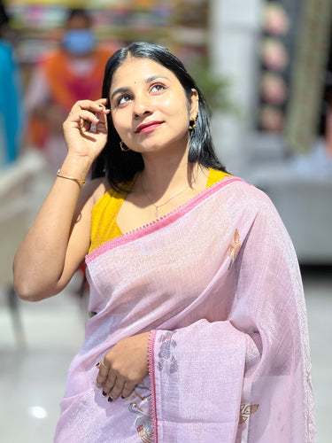 Print With Embroidery Highlighted Tissue-Linen Saree | SUN508