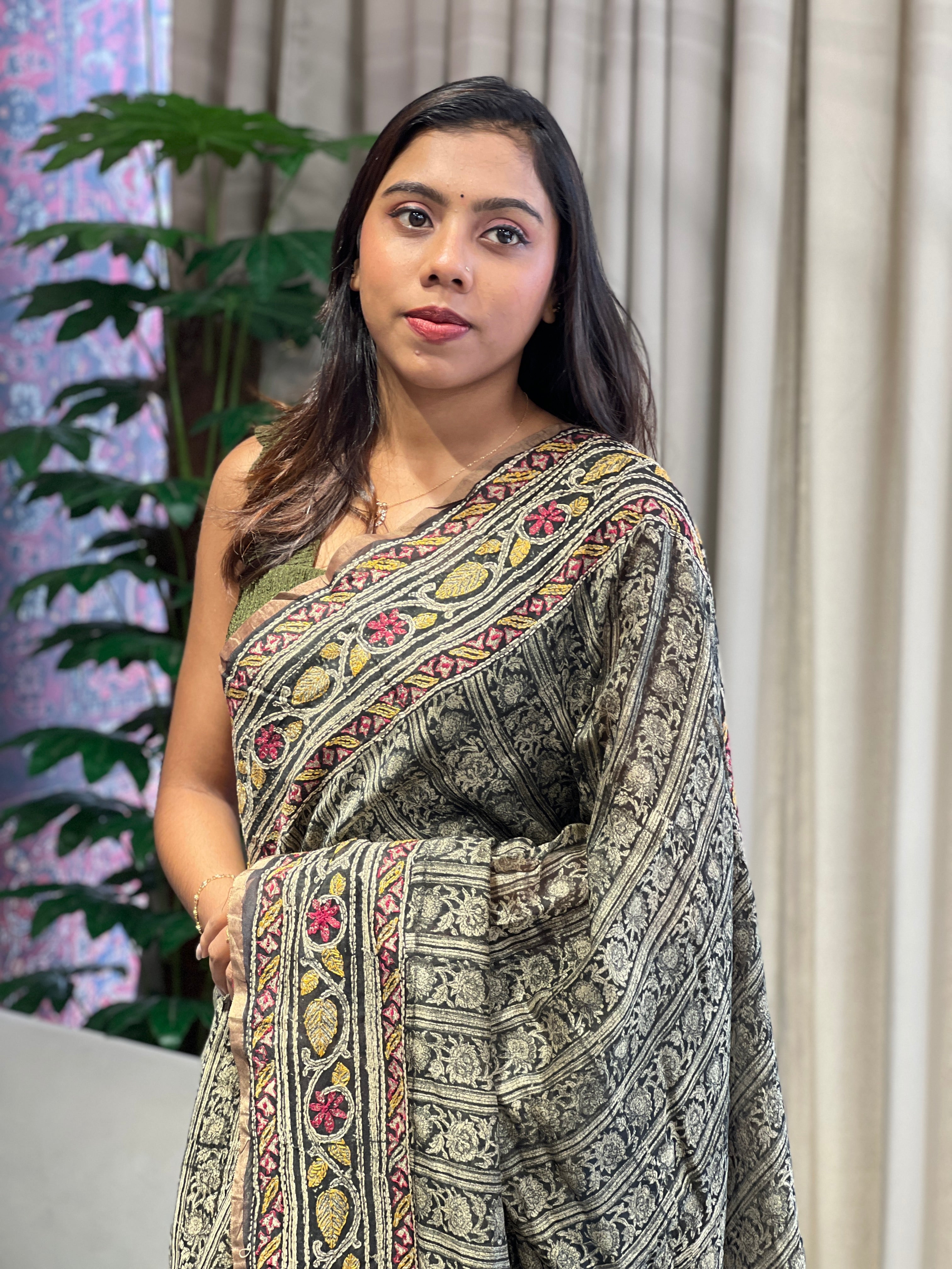 Hand Block Print With kantha Highlighted Pure Chanderi Saree | RGD781