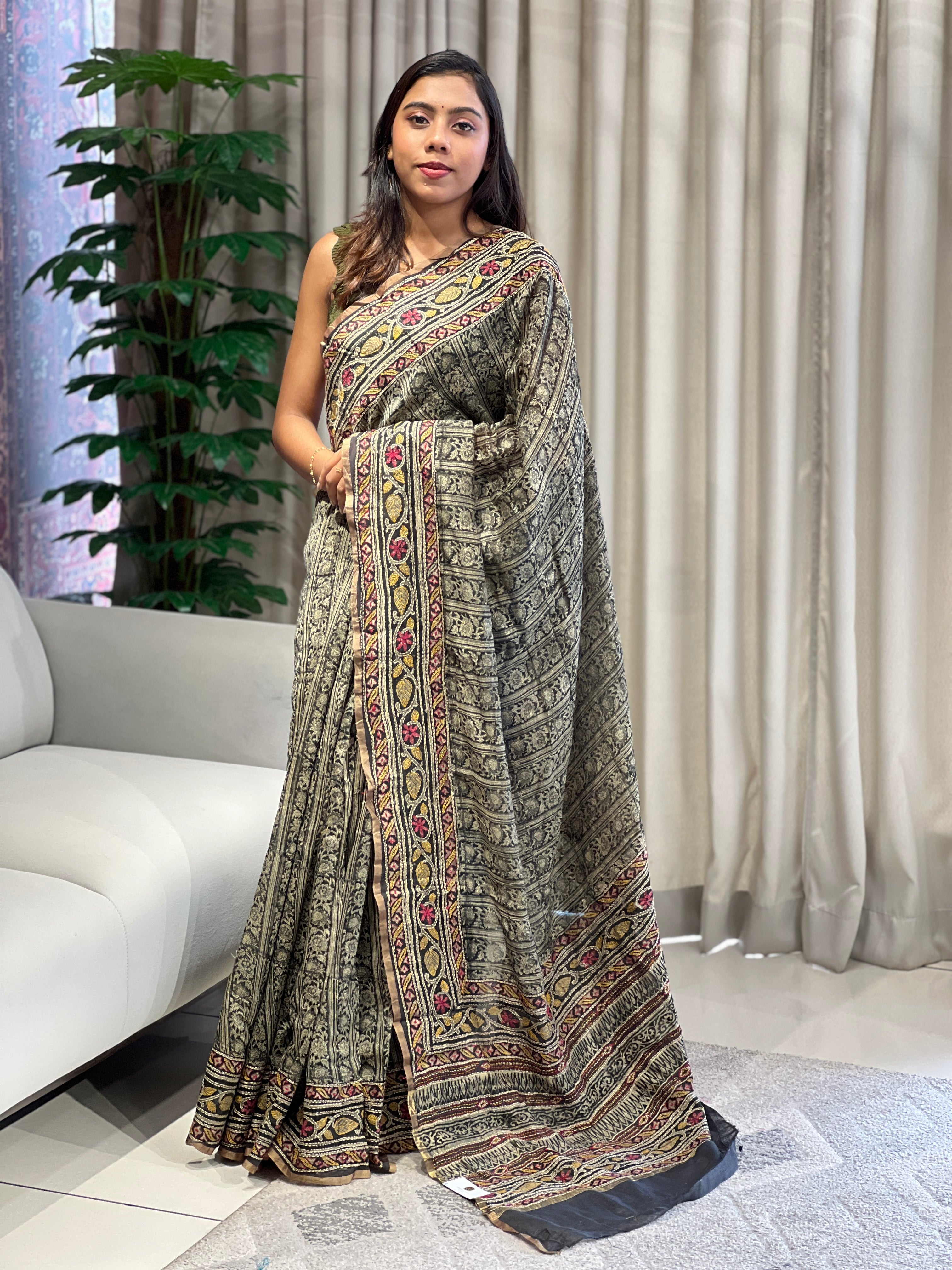 Hand Block Print With kantha Highlighted Pure Chanderi Saree | RGD781