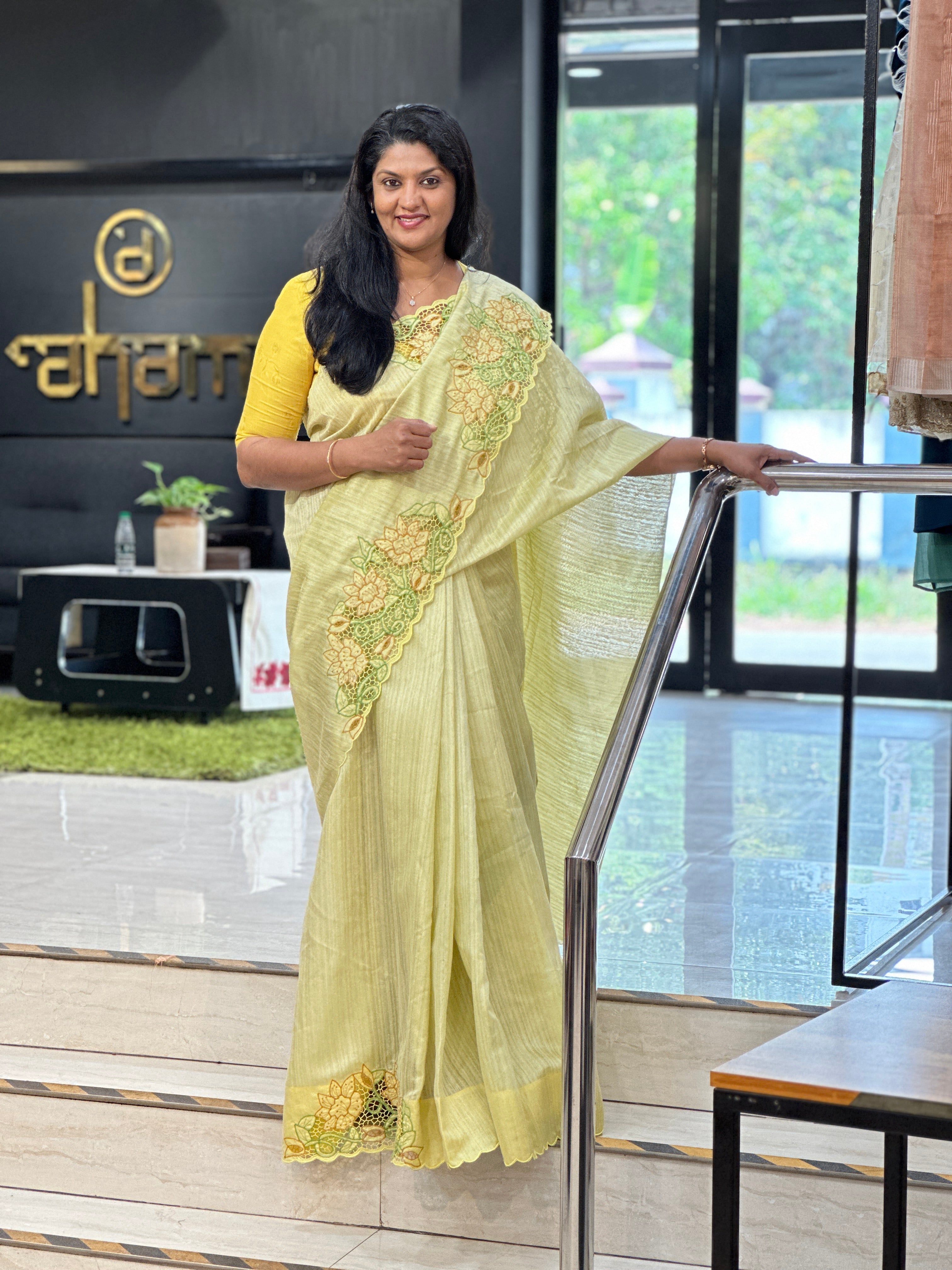 Twine Cutwork Placement Detailed Green Silk Saree | TC473