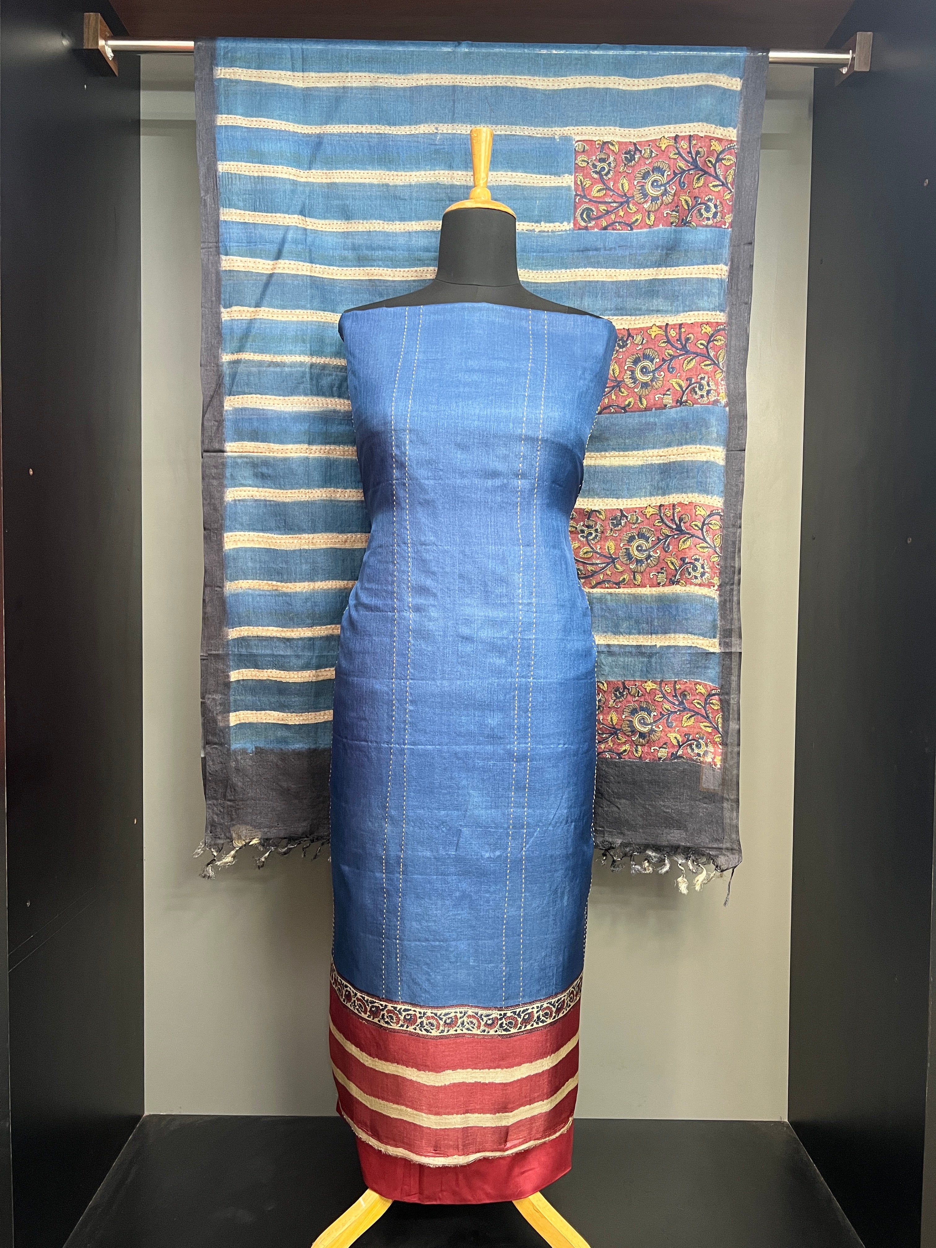 Running Stitch & Kalamkari Detailed Tussar Salwar Set | YNG1206