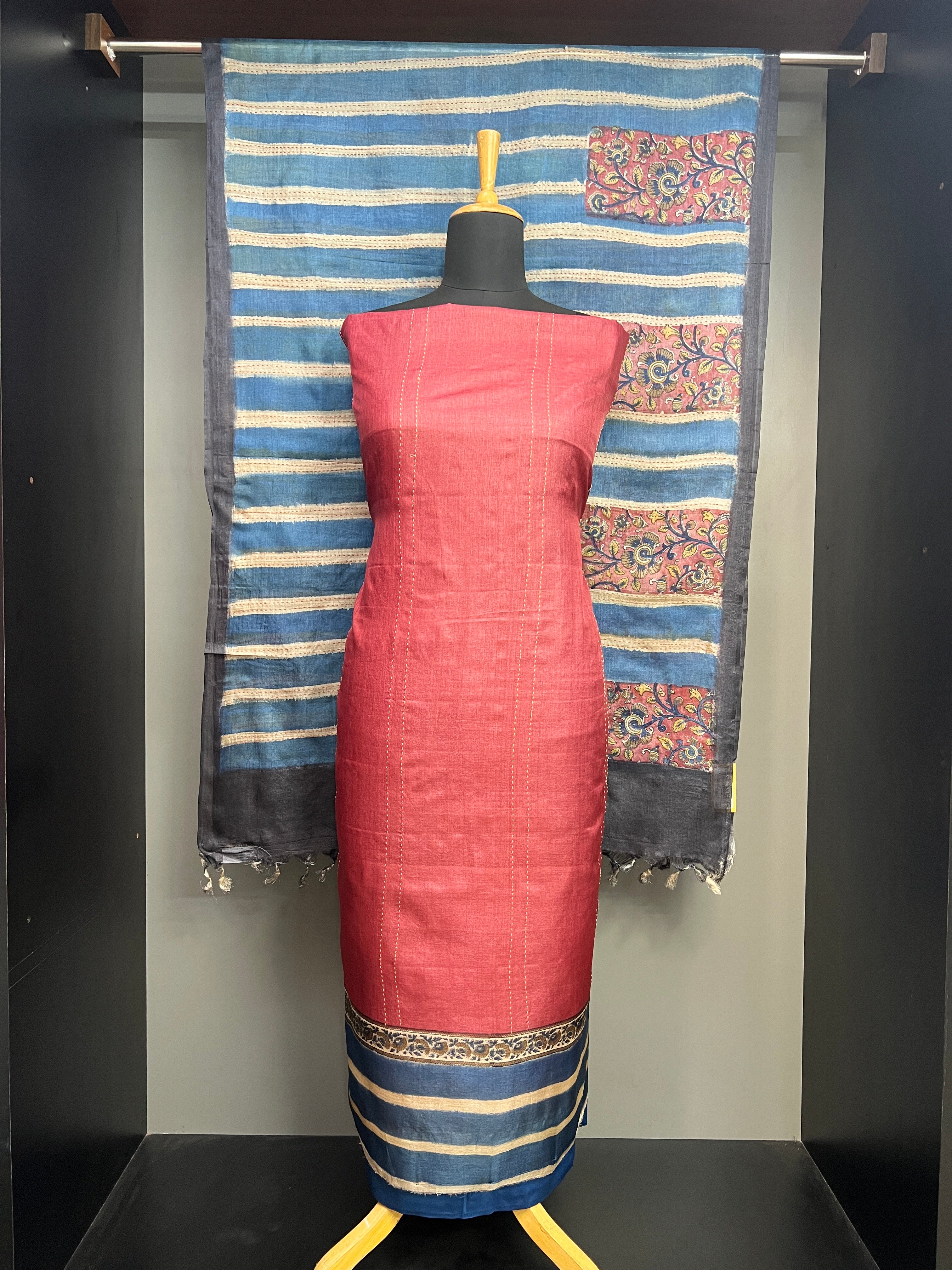 Running Stitch & Kalamkari Detailed Tussar Salwar Set | YNG1205