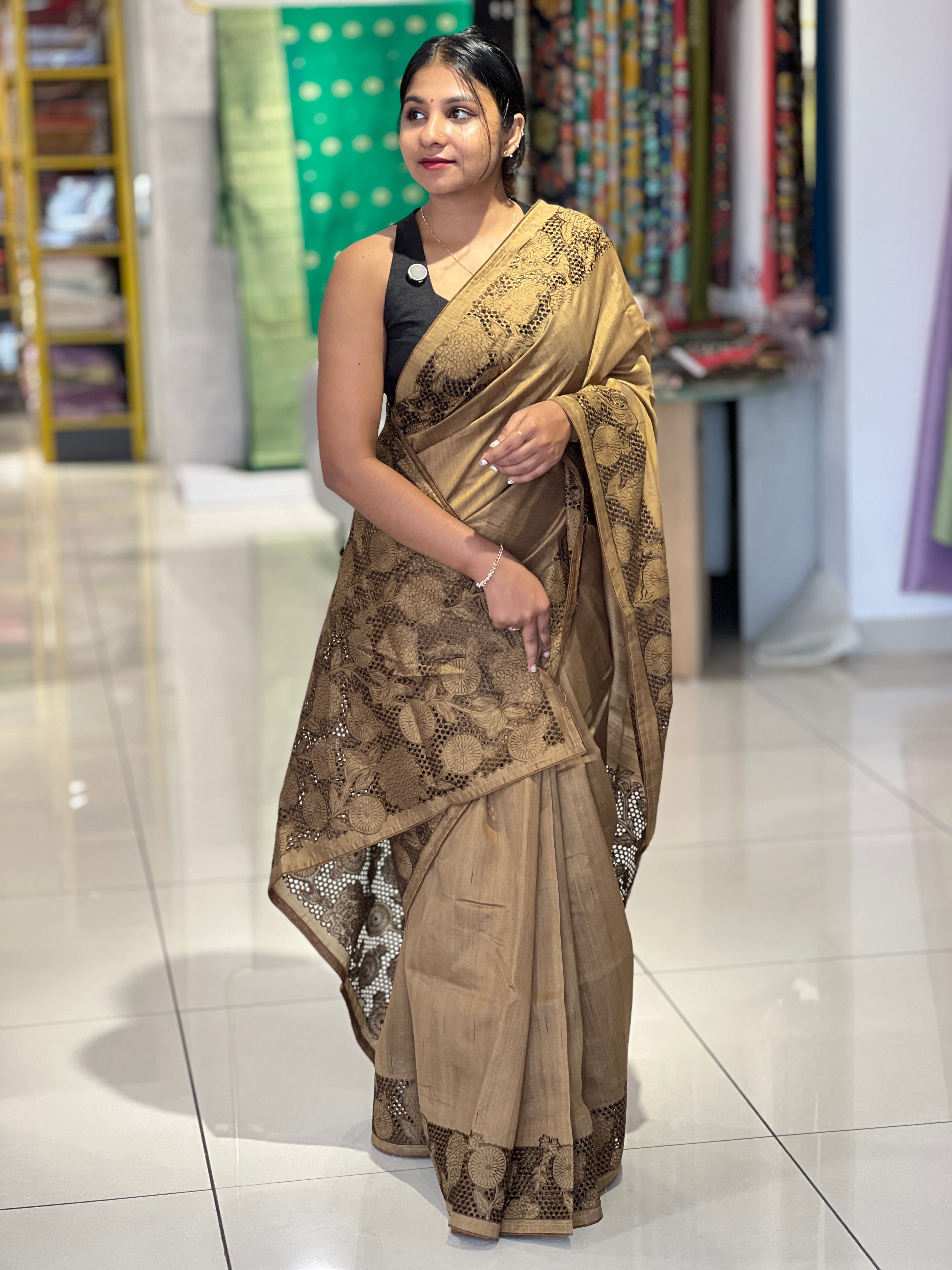 Cut Work With Floral Embroidery Detailed  Semi Tussar Saree | SUN310