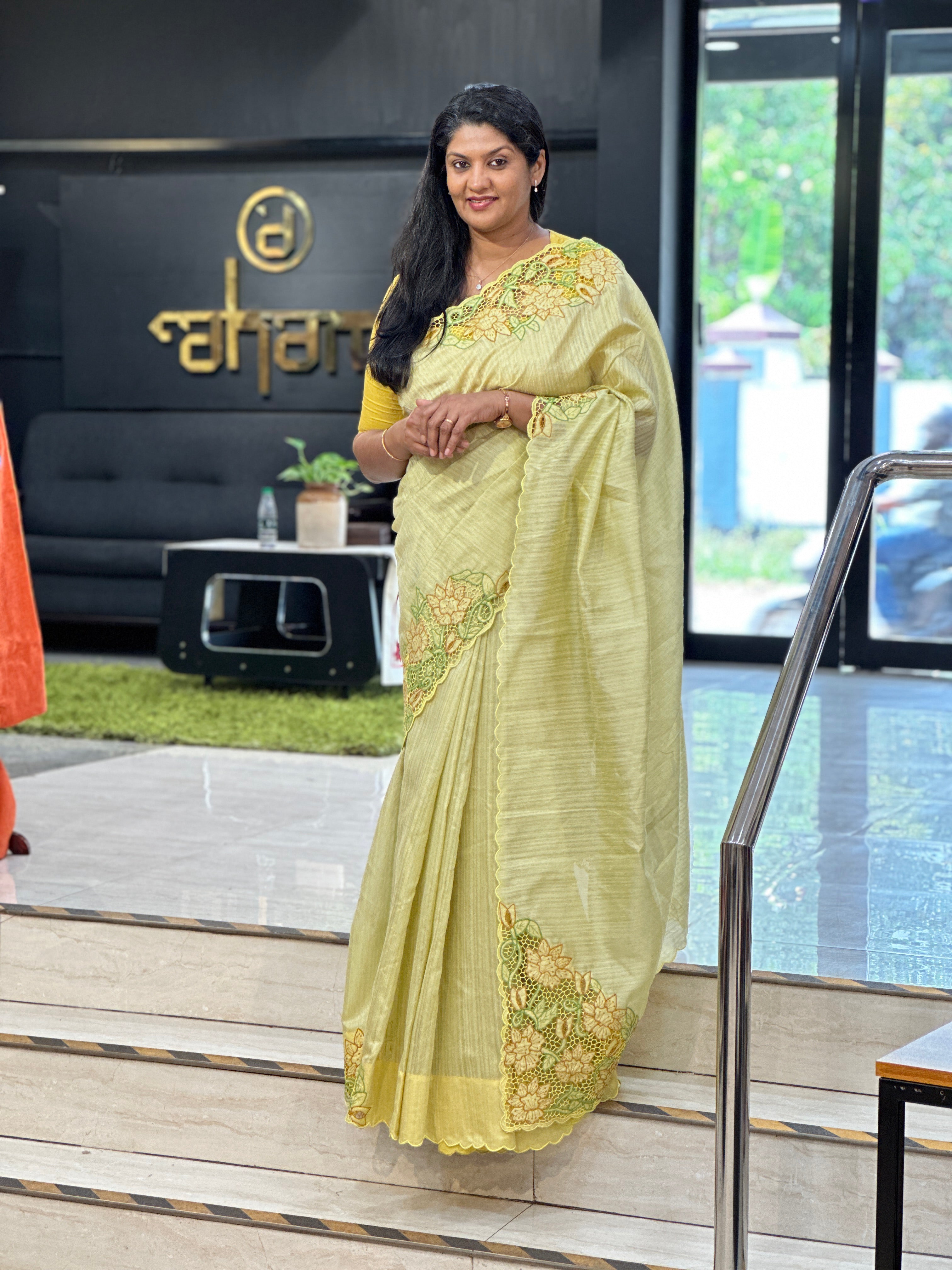 Twine Cutwork Placement Detailed Green Silk Saree | TC473