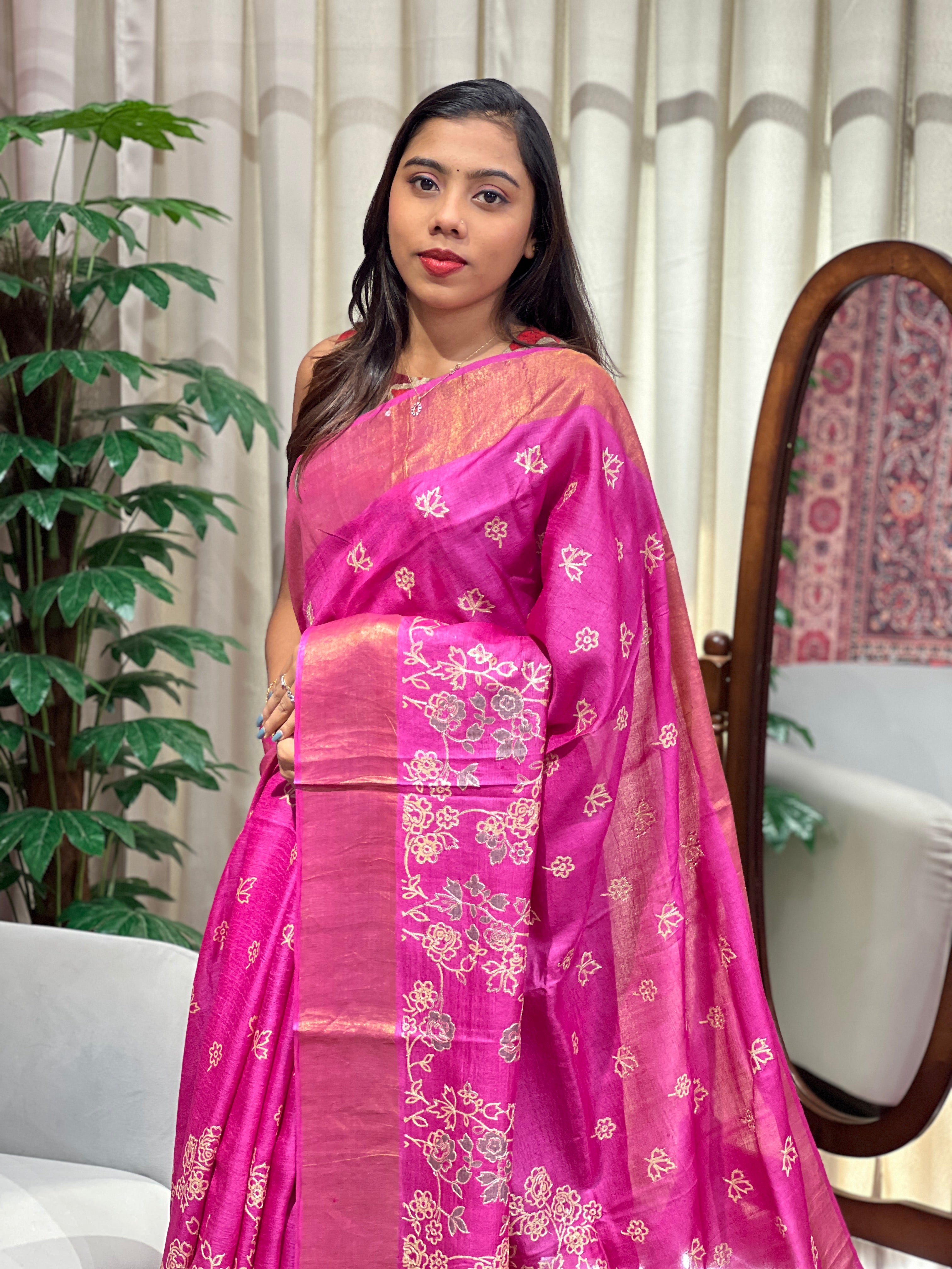 Floral And Leaf Print Pure Tussar Saree | NLM249