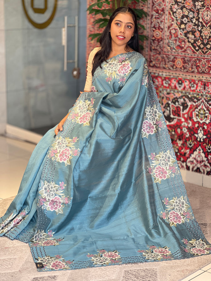 Floral Embroidery With Cut Work Detailed Tussar Finish Saree | SUN355