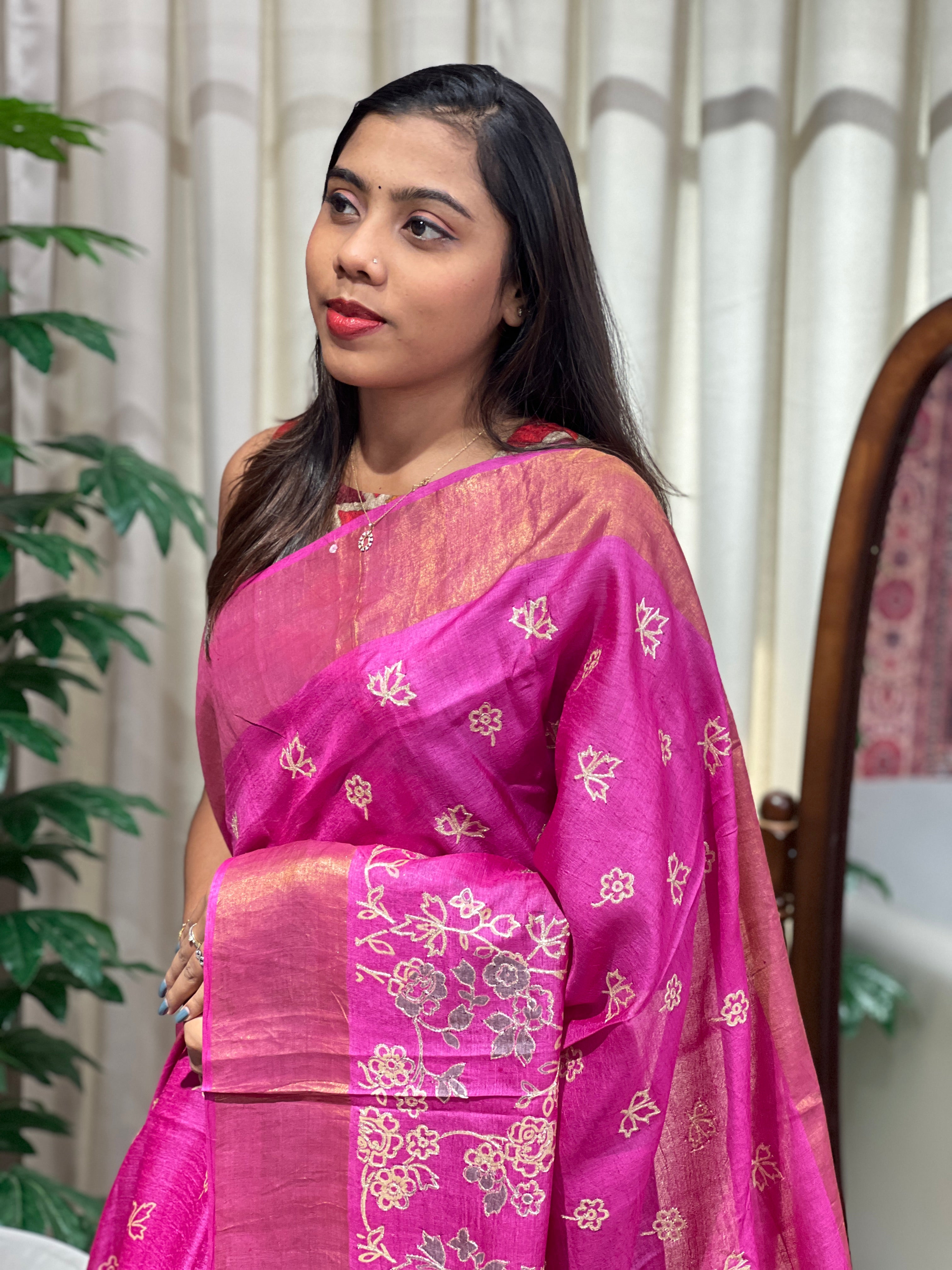 Floral And Leaf Print Pure Tussar Saree | NLM249