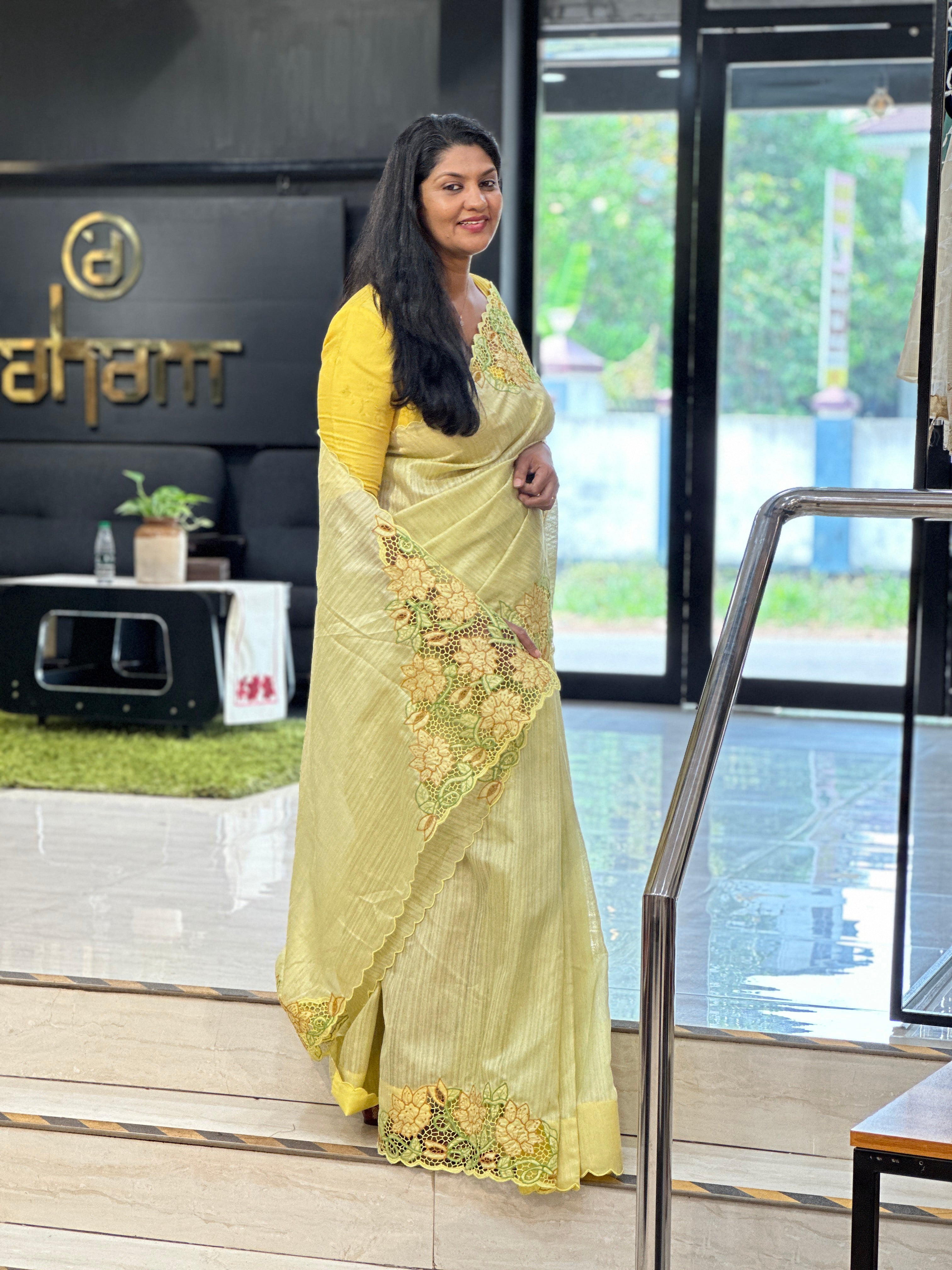 Twine Cutwork Placement Detailed Green Silk Saree | TC473