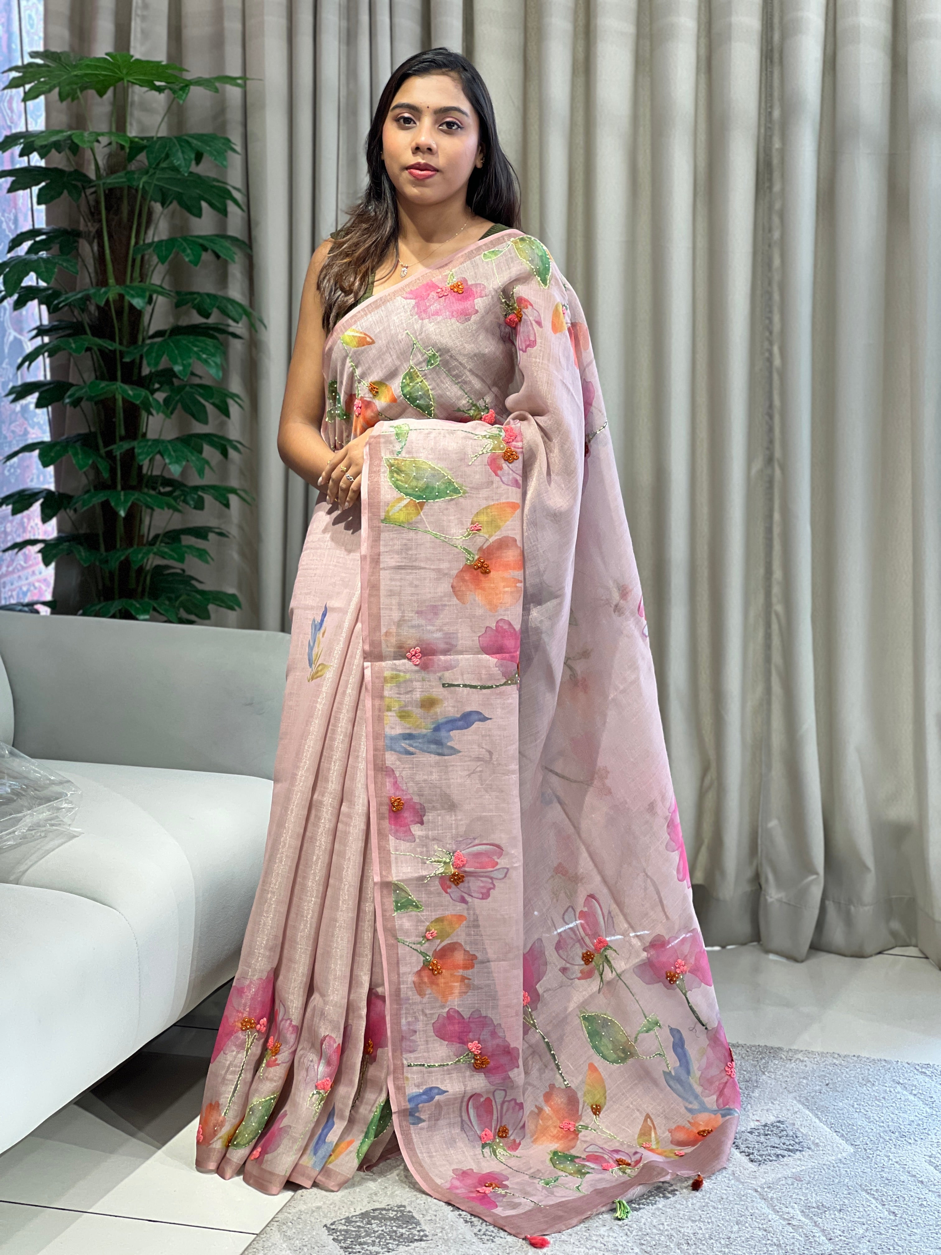 Floral Digital Printed Tissue Linen Saree | BLD1894