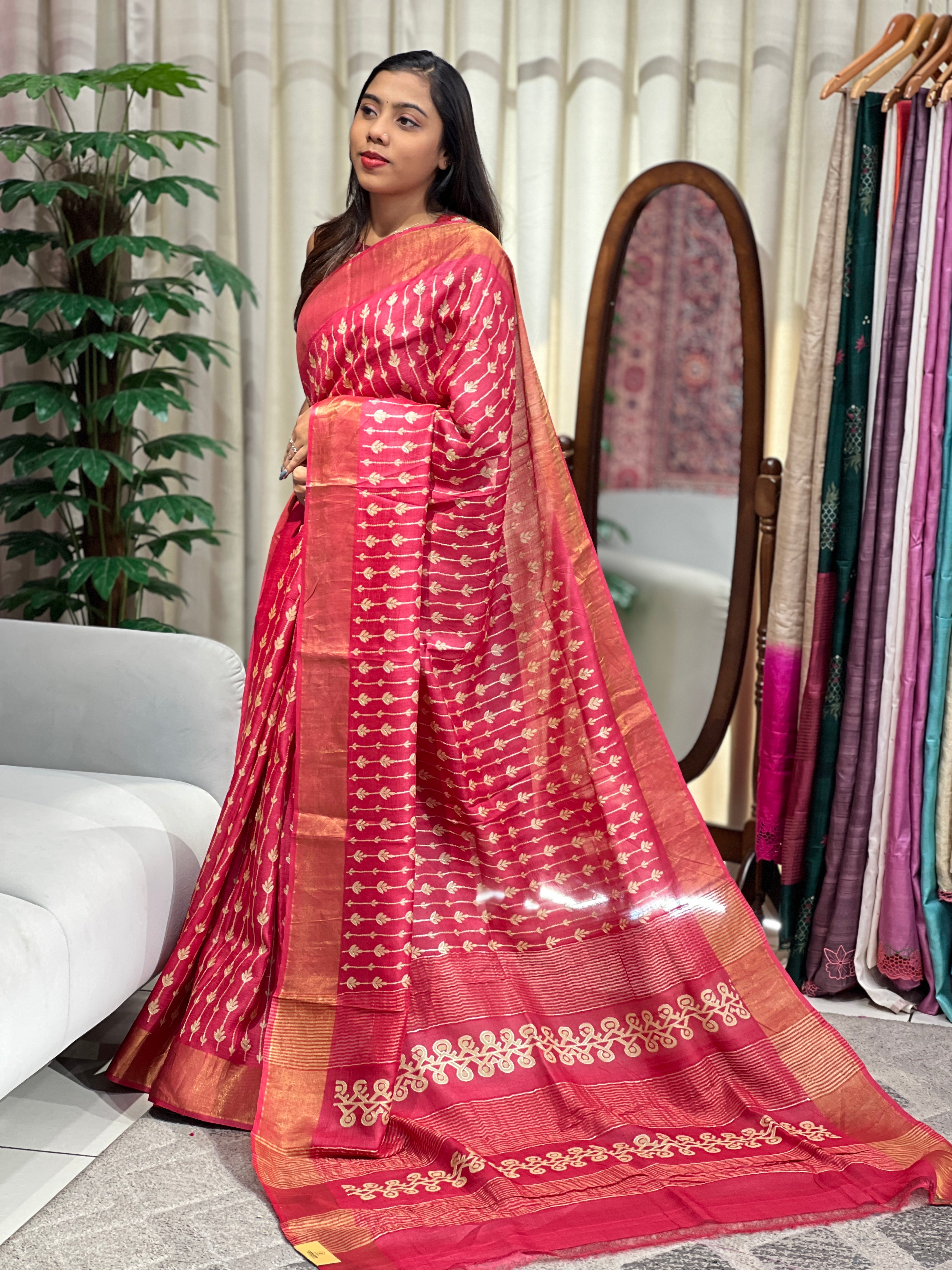 Leaf Printed Pure Tussar Saree | NLM252